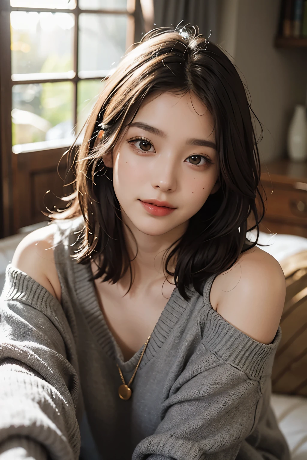highest quality, masterpiece, ultra high resolution, realistic, 1 girl, off shoulder, smile, extra large size_sweater, soft lighting, fine skin,brown hair