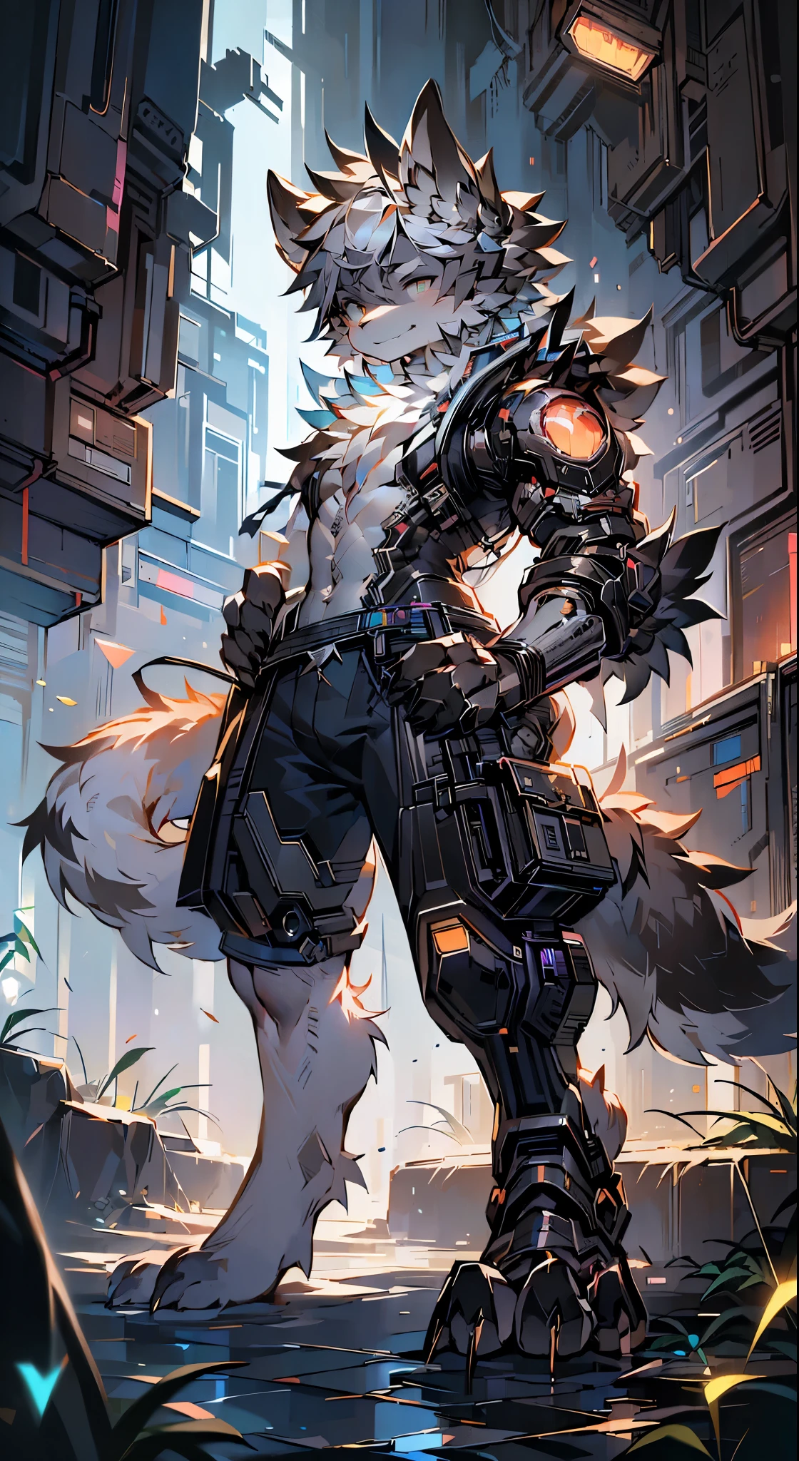 (best quality,4K,8k,high resolution,masterpiece:1.2),Super detailed,actual,photoactual:1.37,Werewolf with prosthetics cyberpunk style actual scan, HD Surrealism combat Explanation: 1. (best quality,4K,8k,high resolution,masterpiece:1.2): A high-quality standard used to express the generated image。 2. Super detailed: Describing images needs to be very detailed,Show details clearly。 3. actual,photoactual:1.37: Description Generated images need to appear actual and photo-like。 4. Werewolf with prosthetics: Werewolves and prosthetics,This is the subject of the picture。Describe a mechanized werewolf,Features of prosthetics。 5. cyberpunk style: cyberpunk style,The artistic style used to describe the image。 6. HD Surrealism combat: Description picture hd、Surrealism、battle scene。