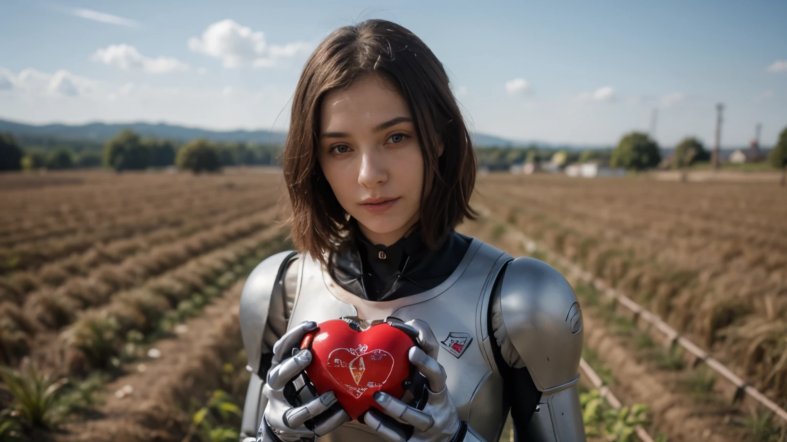 robot holding an atomic heart in his hand, field, summer sunny day