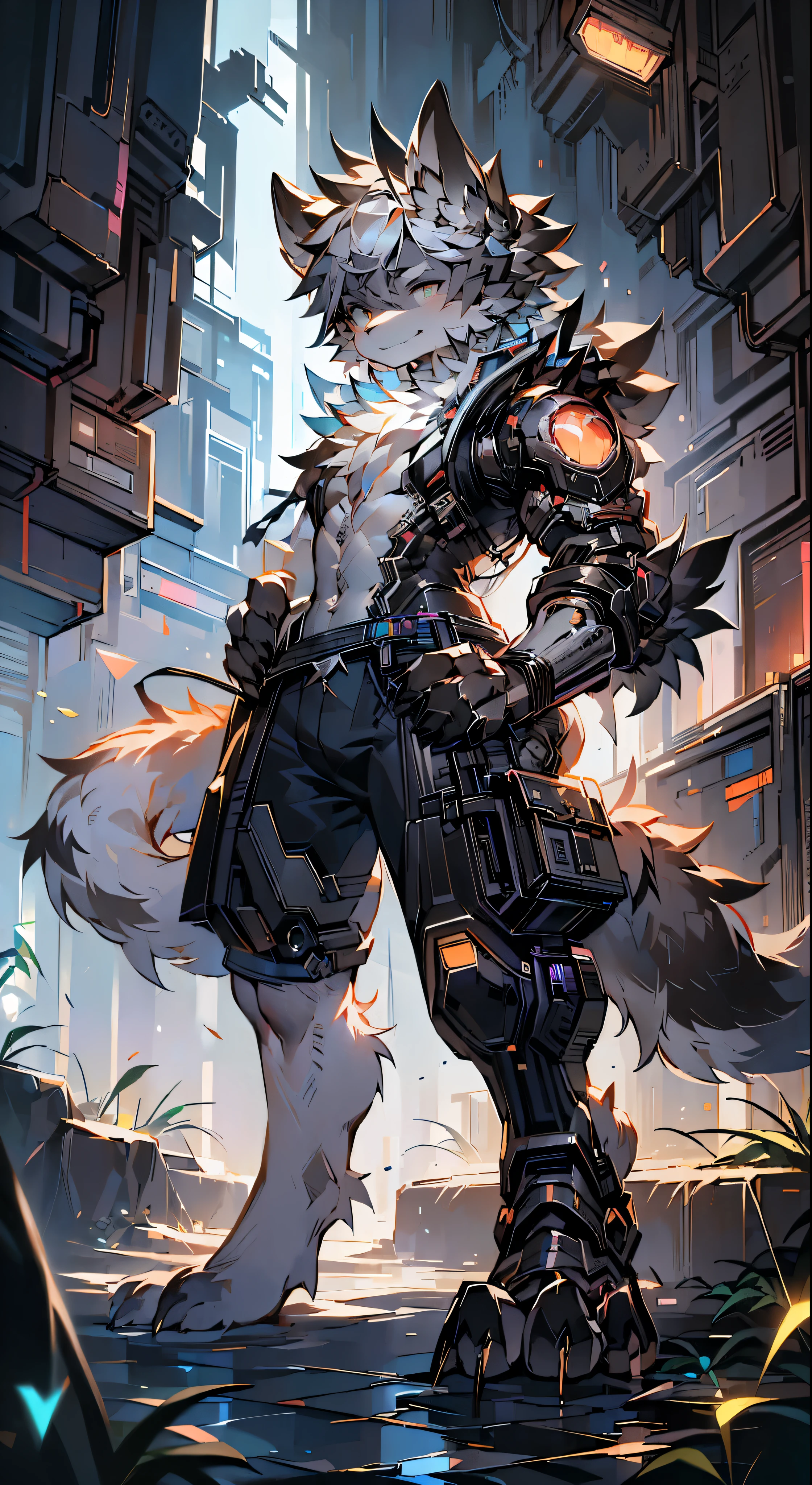 (best quality,4K,8k,high resolution,masterpiece:1.2),super detailed,actual,photoactual:1.37,Werewolf with prosthetics cyberpunk style actual scan, HD Surrealism combat Explanation: 1. (best quality,4K,8k,high resolution,masterpiece:1.2): Used to express high quality standards for generated images。 2. super detailed: Describing images needs to be very detailed，Show details clearly。 3. actual,photoactual:1.37: Description Generated images need to appear actual and photo-like。 4. Werewolf with prosthetics: Werewolves and prosthetics，This is the subject of the picture。Describe a mechanized werewolf，Features of prosthetics。 5. cyberpunk style: cyberpunk style，The artistic style used to describe the image。 6. HD Surrealism combat: Description picture HD、Surrealism、battle scene。