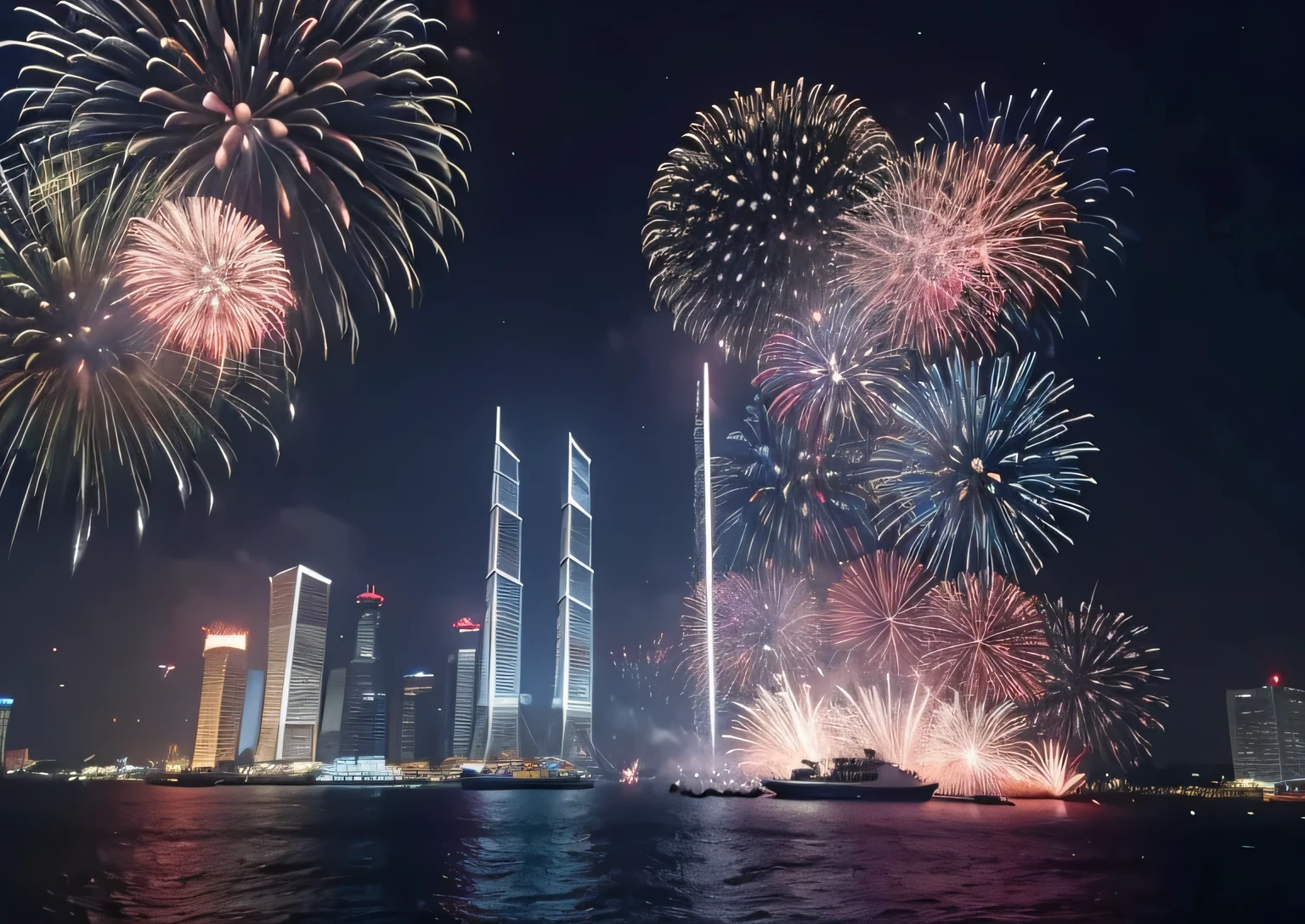 new year,night sky,Brilliant fireworks,Happiness knows no borders,festive,Pearl River Delta background,Generate 5 minute video
