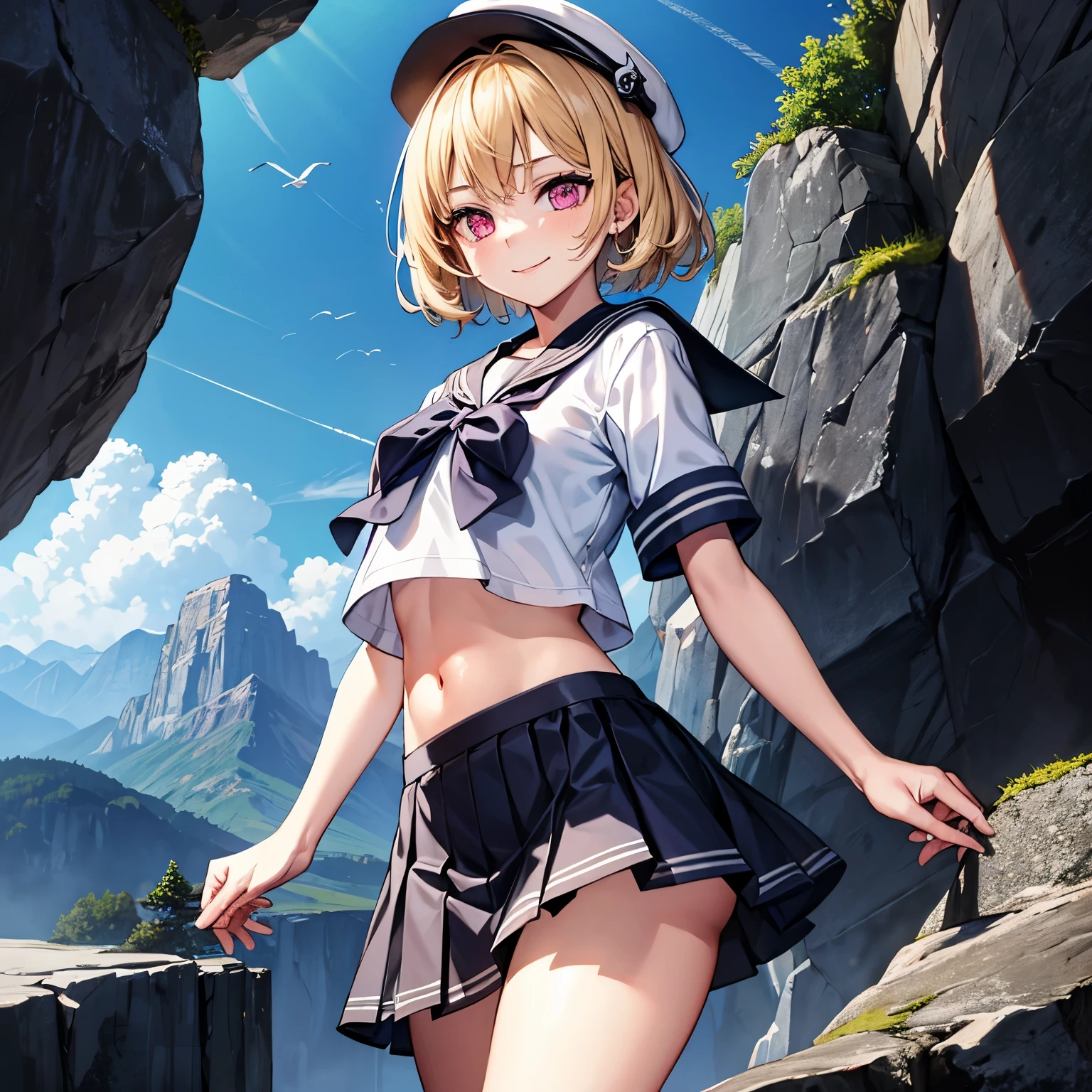 (masterpiece), 1boy, solo, best quality, expressive eyes, perfect face, (young boy, pretty boy), short hair, blond hair BREAK pink eyes BREAK sailor uniform, sailor hat, skirt, mountains, rocks, smile, closed mouth, exposed navel, standing