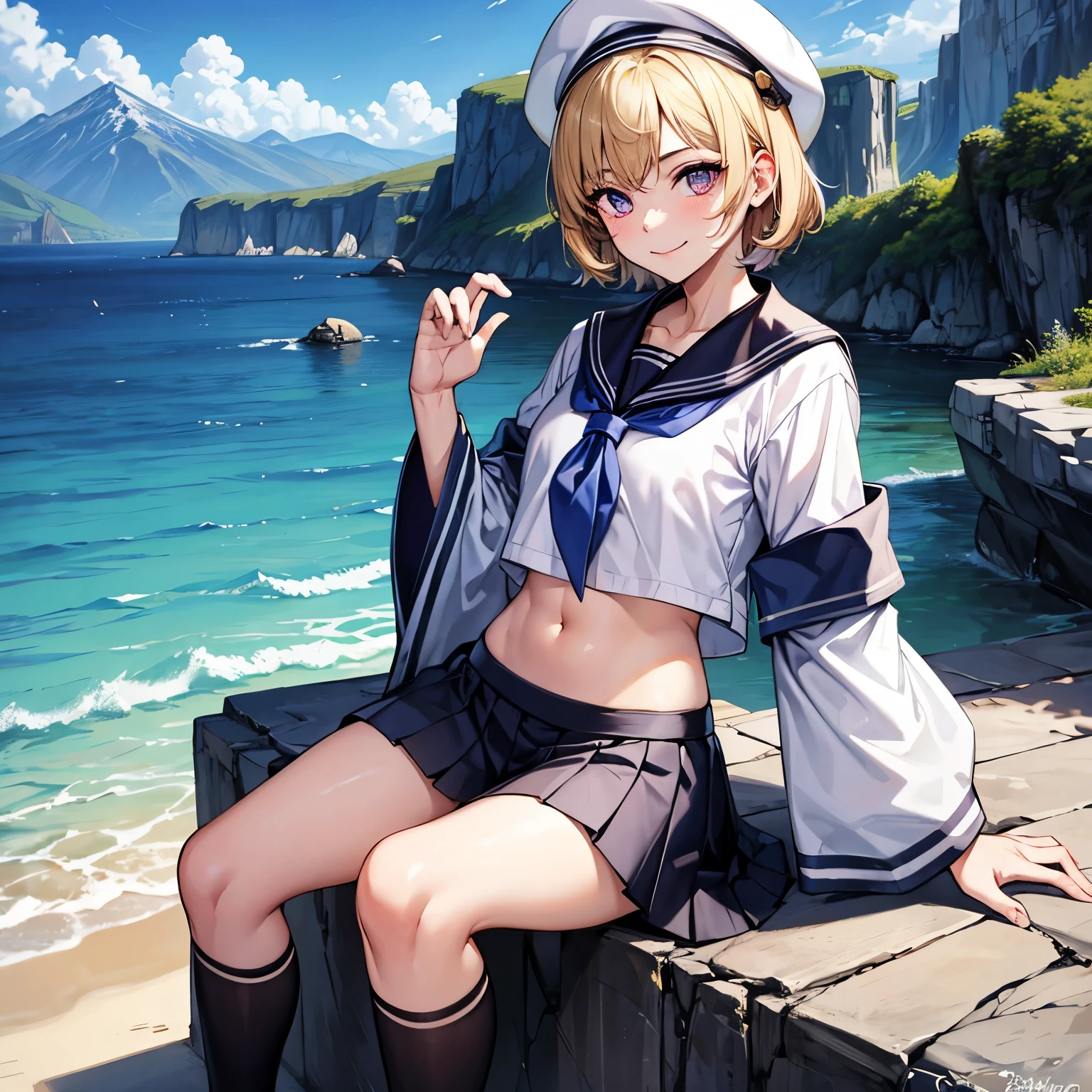 (masterpiece), 1boy, solo, best quality, expressive eyes, perfect face, (young boy, pretty boy), short hair, blond hair BREAK pink eyes BREAK sailor uniform, sailor hat, skirt, mountains, rocks, smile, closed mouth, exposed navel, standing