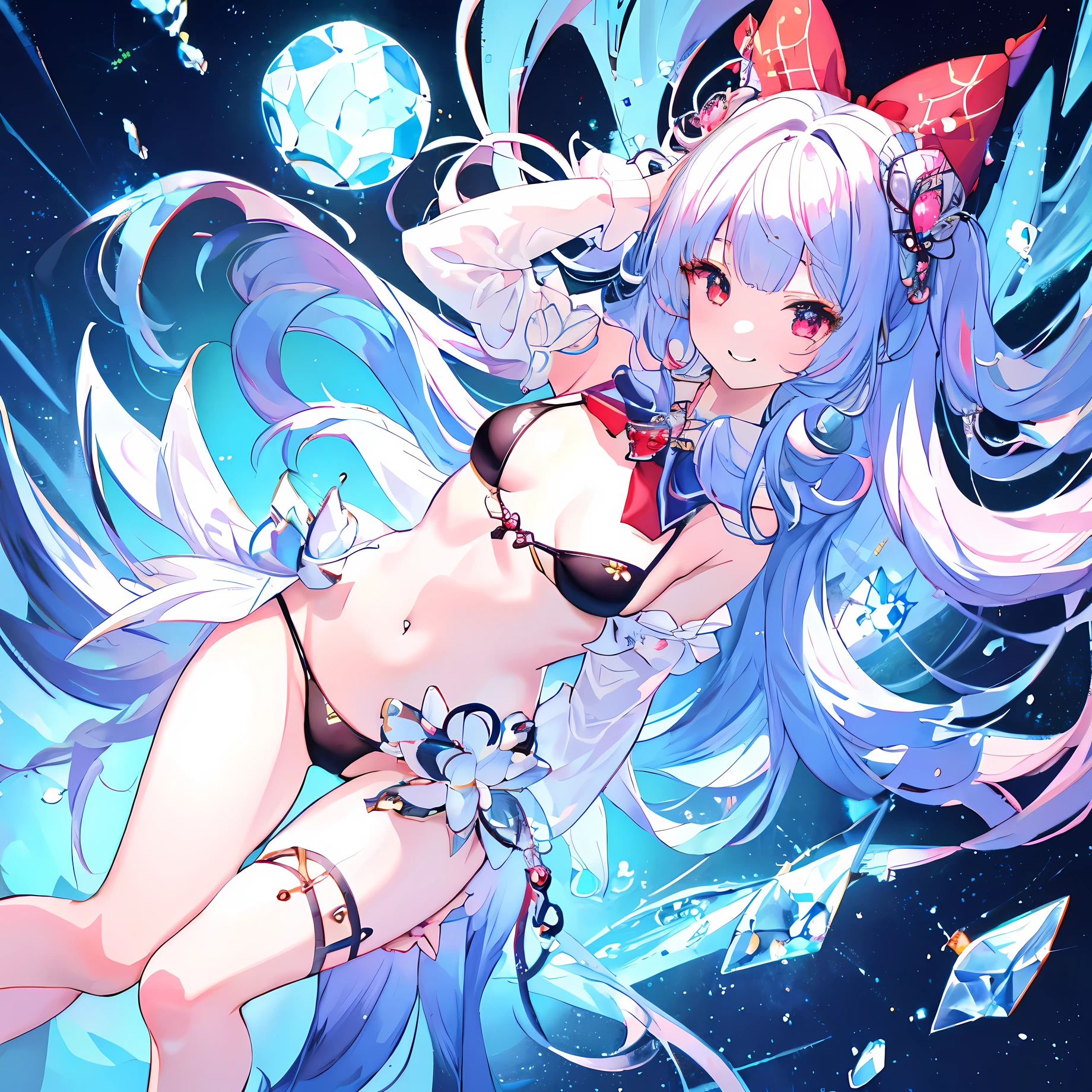 Top Quality, Masterpiece, High Definition, Very Detailed, 8k, One Girl, Cute, Anime, Crystal Clear White Skin, Sensual, Full Body, 2nd Grade of Junior High School, , Beautiful Cute, Bow on Head, Too Many Hair Ornaments, Cute Micro Bikini Style, Crazy Worldview, Bloody, Eyes Glowing Suspiciously Red, Fairyland, Back road, crazy smile, hand on crotch, inviting, perfect anatomy