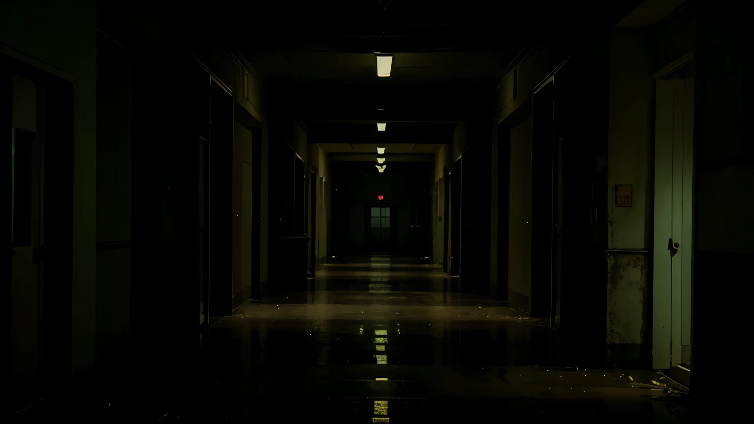  Gloomy and rainy night, with the empty corridors of the abandoned and dark school being lit only by the faint glow