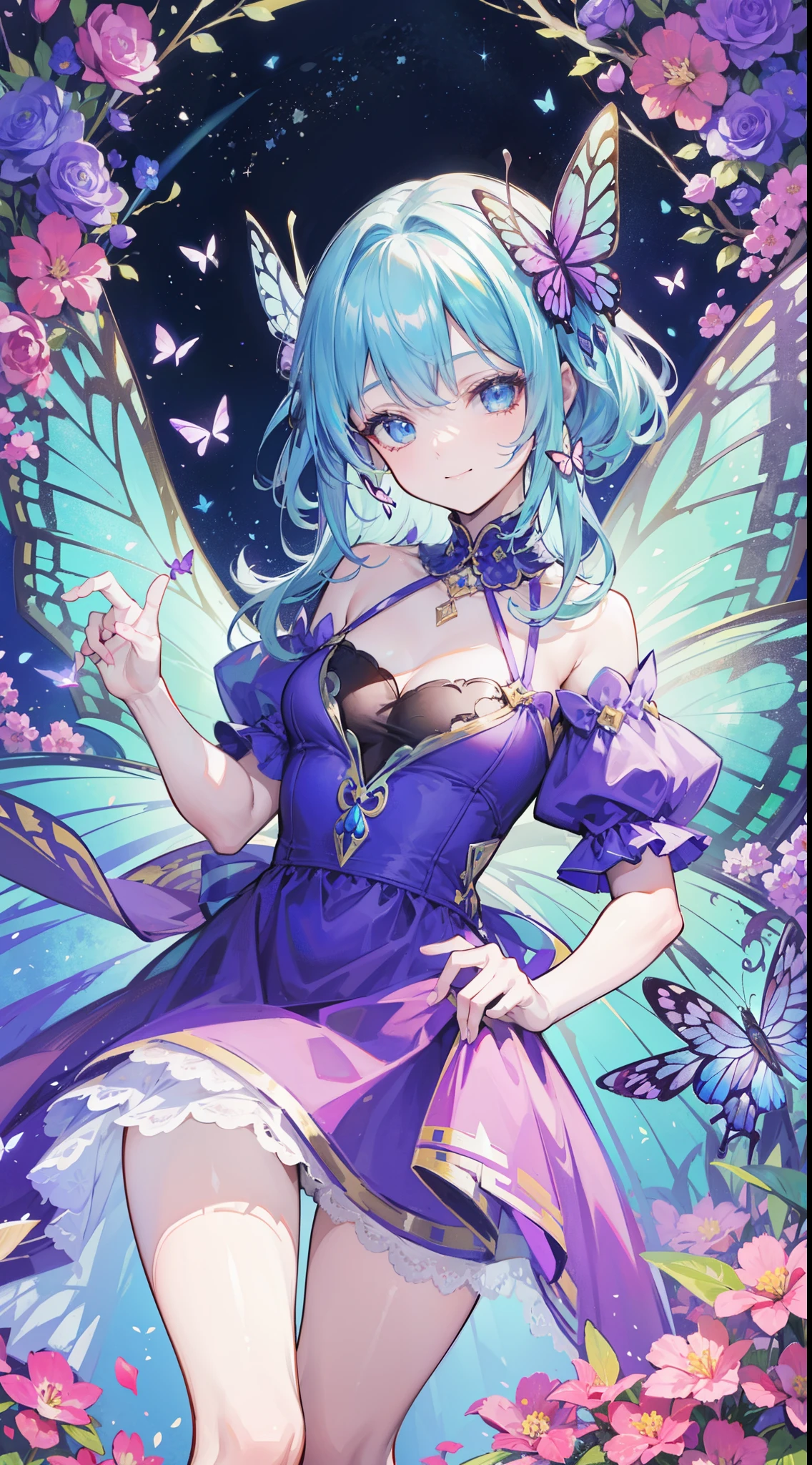 (((32k))), (16k), (8k), (4k), (((32k fantasy background))), (((Pretty girl))), (((cute girl))), (beautiful quality eyes), ((cute smile)), (((dress))), (((fantasy))), (32k), (beautiful cute girl), (butterfly ornament), (butterfly dress), ((many butterflies)), (((background of many flowers
))), (((bright background))), (beautiful world), (cute world), smile,