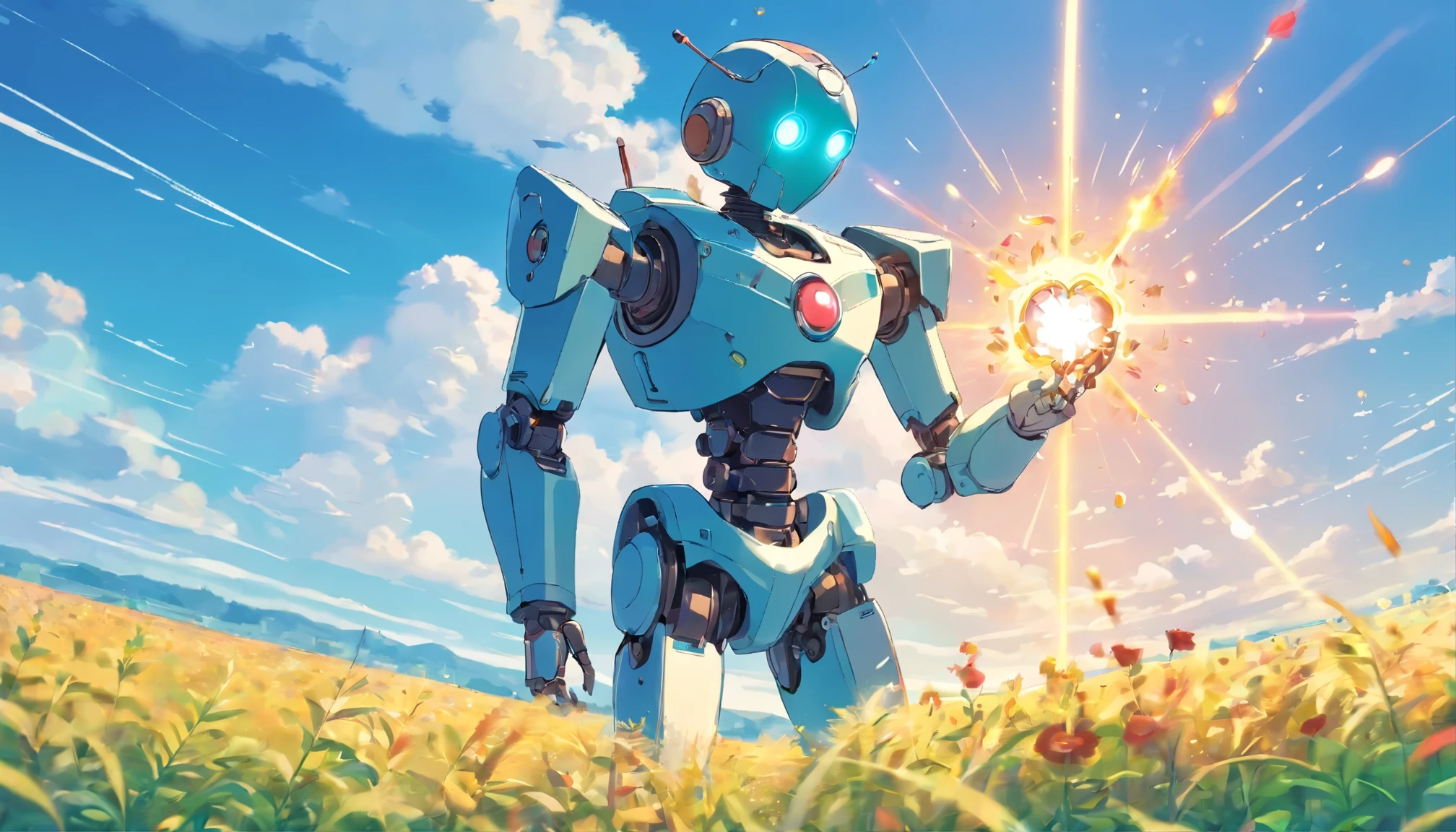 robot holding an atomic heart in his hand, field, summer sunny day
