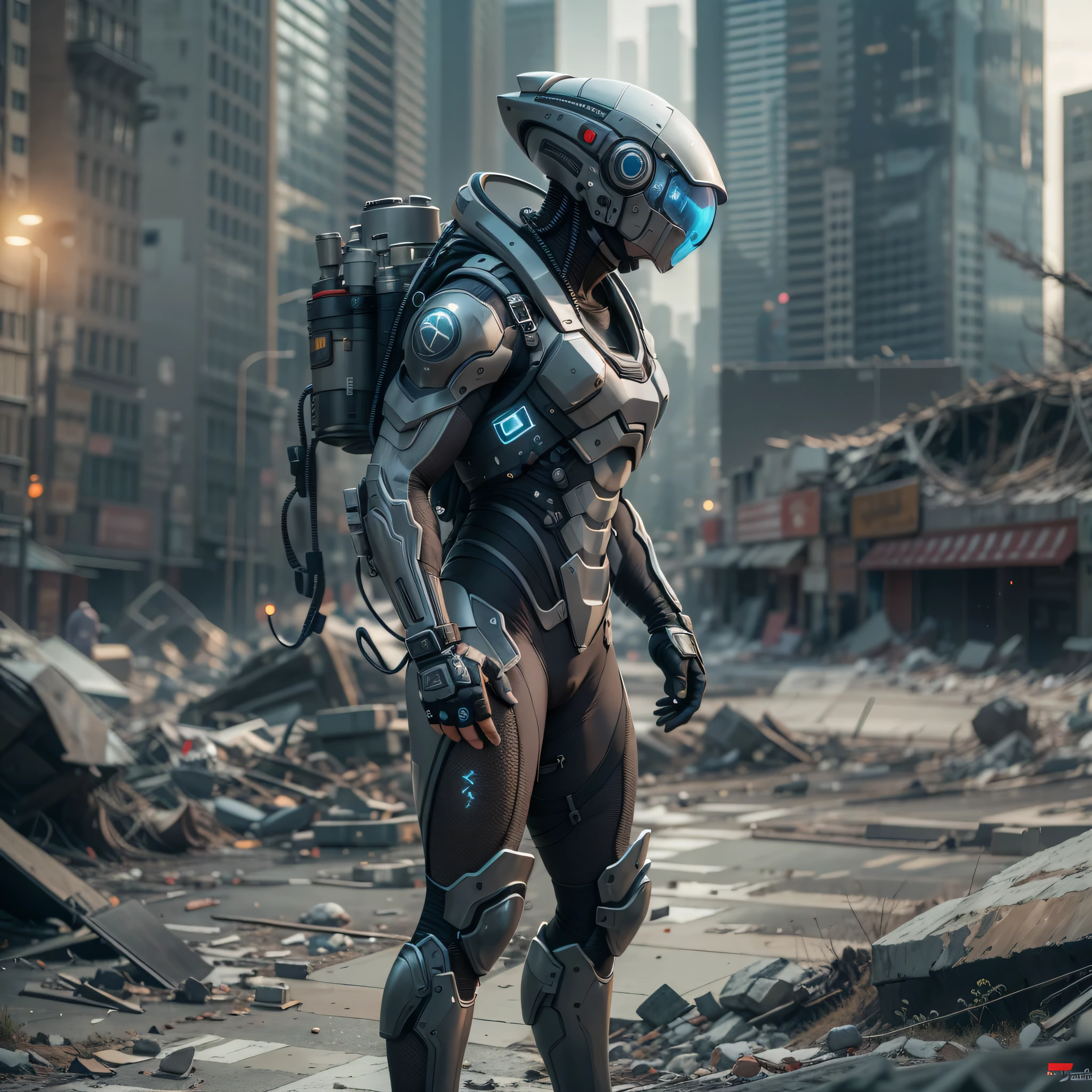 A highly technological and advanced alien soldier in an apocalyptic city