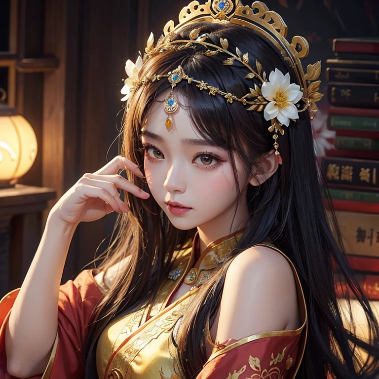 Indonesian woman with a flower crown on her head, ，a girl in a hanfu, dynamic style artwork, trending on cgstation, g liulian art style, by Yang J, fantasy art style, inspired by Pu Hua, the beautiful fantasy empress, guweiz, inspired by Lan Ying, Bian Lian