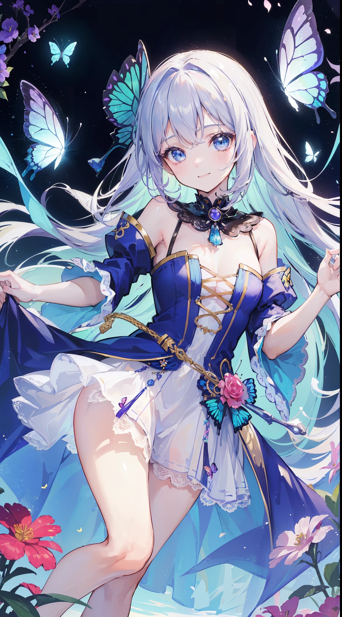 (down view),Dynamic Angle,Ultra-detailed, illustration, Close-up, straight on, 1girll, (fantasy:1.4), ((Purple eyes)),Her eyes shone like dreamy stars,(Glowing eyes:1.233),(Beautiful and detailed eyes:1.1),(Silver hair:1.14),(Messy hair,Very long hair,french braid,hair between eye,side locks), (+(bule hair flower:1.14)),(Chiffon dress,bule flower pattern in uniform)/=(army suit:1.24),(Detached sleeves,Wide sleeves),(Fingerless gloves),choker necklace,(miko thighhighs),high heels boots,(Expressionless,Closed mouth),(standing), (classical Princess boudoir with dressing tableand french windowin a white ancient palaces),(White flowers,full bloom),(abyssal),(Flowing water),(a dull blue world tree:1.14),(废墟),(Night:1.2),Dreamy,soul,(Fluorescence),(flying translucent blue butterflies:1.15), [[Delicate fingers and hands:0.55]::0.85],(Detail fingers),(yubao:0.5),