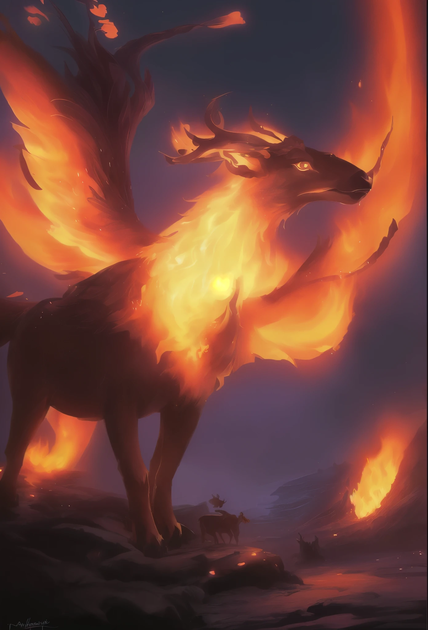 picture of a deer with a fiery tail and a bird on its back, mythical creature, fantastical creature, a mythical creature, mythical creatures, fire elemental, detailed digital 2D fantasy art, realistic fantasy painting, Keylet, fire spirit ghost, digital 2D fantasy art, High quality fantasy art, fantastical creature concept art, Fantasy digital painting, forest spirit
