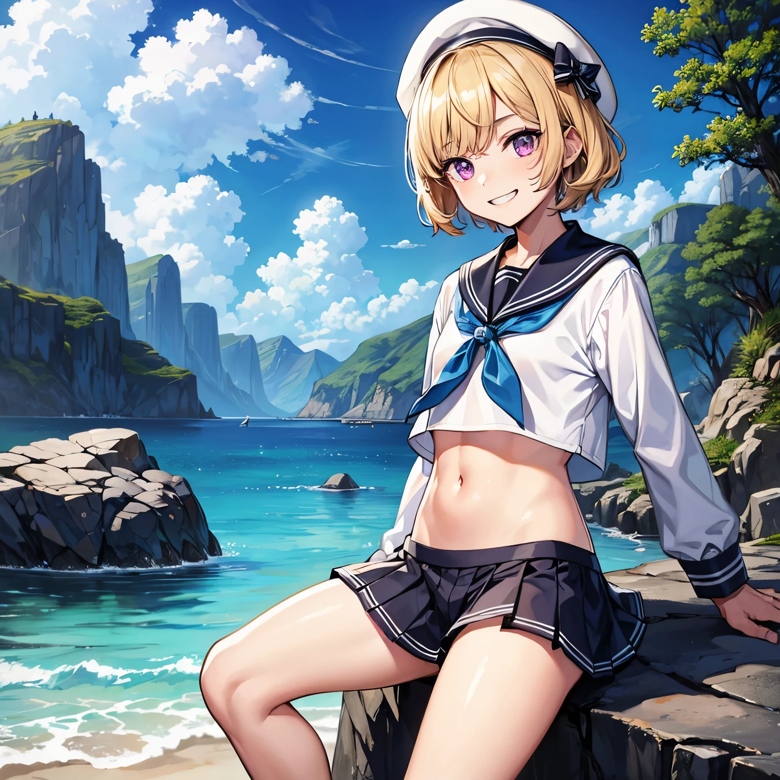 (masterpiece), 1boy, solo, best quality, expressive eyes, perfect face, (young boy, pretty boy), short hair, blond hair BREAK pink eyes BREAK sailor uniform, sailor hat, mountains, rocks, smile, grin, exposed navel, standing, penis 