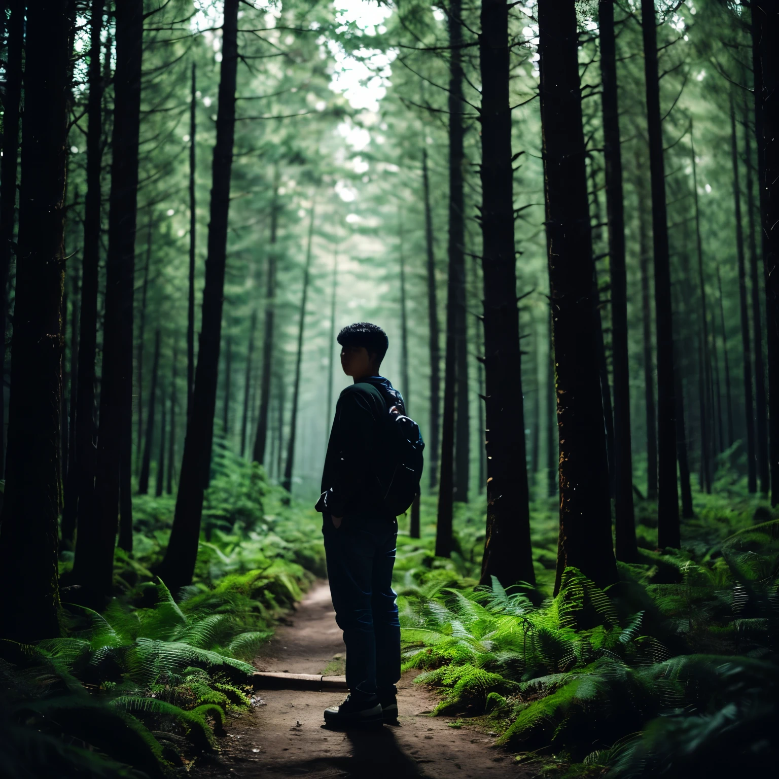 A somewhat chubby young man stands alone with his back facing the camera in the middle of a dark forest. Realistic photo. 50mm camera lens, 4k.