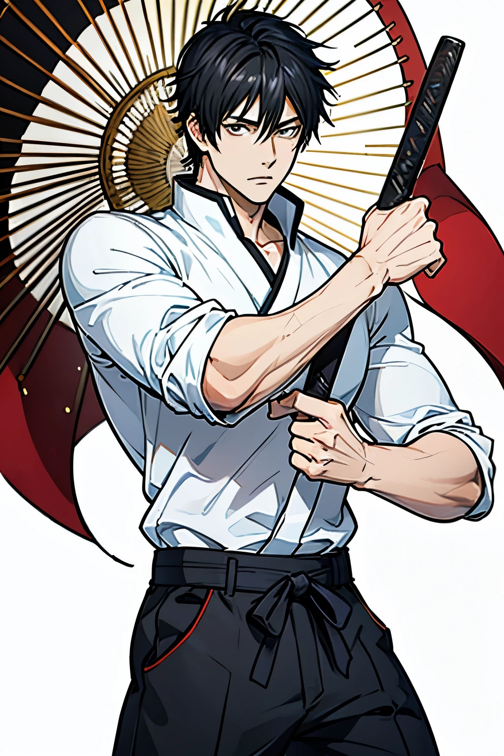 masterpiece, ultra detailed, 4K, 8K, 32K, intricate, (((1boy))), ((black hair)), ((no background)), white background, detailed eyes, white shirt and black pants, school uniform, handsome young man, 18 year old, (((same character))), dynamic pose, bokken, anatomically correct hands, holding bokken, average muscle mass, (modern clothing), detailed clothes, (slender body), Gintama, Hideaki Sorachi, Bleach, Tite Kubo, Kazuki Yone