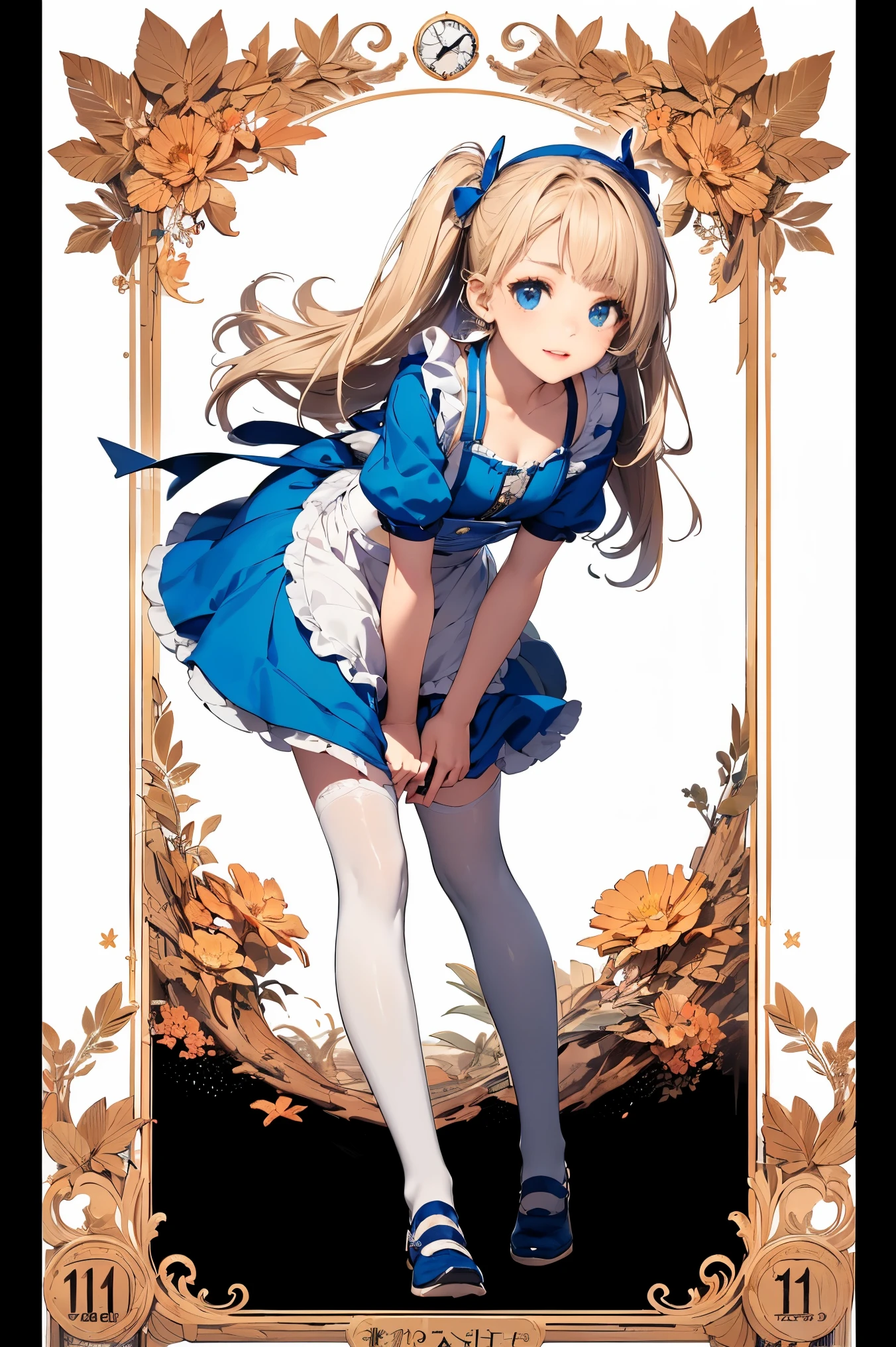 (master piece, high-quality, Mystical, ideal ratio of body proportions), (ultra high resolution, 8K RAW photo, photorealistics, natural lighting, textile shading), wideshot photo:1.6, (1 beautiful anime girl:1.3, , solo:1.5, milf:1.5, nsfw:1.25, full body:1.3), shinny skin, BREAK, ((alice in the wonderland:1.3, cuty, kawaii, lovely, funny, a girl falling down from sky:1.5, flying girl in sky:1.5, girl is floating in air:1.1, rolling up skirt by wind:1.5, (shamed:1.3), surprising, putting hands on crotch with apron:1.35)), BREAK, ((PlayingCards, Trump, tea cup, tea pot, tea spoons, small clock:1.3, lip sticks, candies:1.2, cookies, jam bottles, keys)), ((Royal-Blue dress :1.5, wearing long flaired skirt with blowing:1.3, White Apron, white stockings)), (medium long platinum-blonde hair:1.2, twin tail hair:1.6, tied hair with a large ribbon), (Blue eyes, bright pupils with highlights, detailed eyes), (lying down on your back:1.6, leaning forward:1.2, spreading legs with rising up straight:1.5), ((dutch angle:1.5, full body:1.3, chest focus:1.3, from below:1.5, unbalance posture)), cinema poster image, Exotic wallpapers, fantastic colorful art, (fantasy image:1.5), ((correct anatomy:1.5, perfect anatomy:1.3, correct hand, small foot:1.2)),