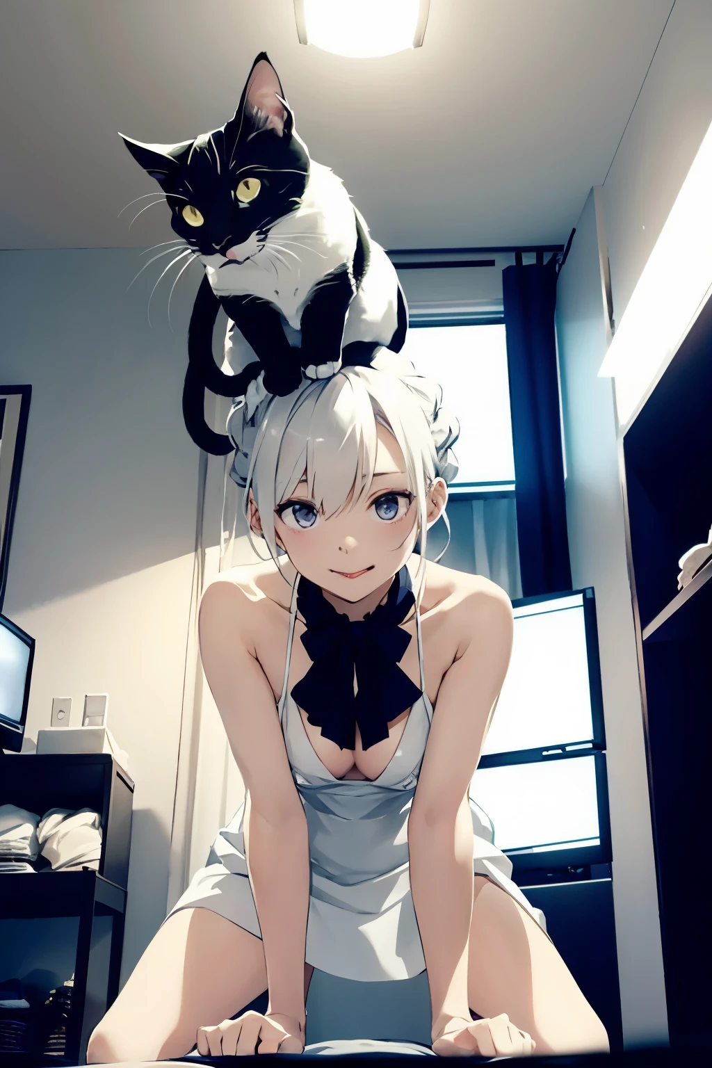 I can see the whole body、She is wearing a stylish white dress that shows off.、hair tied back、He is standing on top of the cat, looking at me and provoking me with his tongue sticking out.。I'm in a dark room that's lit up。There's a TV in the back、Shows naked men and women。Pubic hair is see-through。angle from below