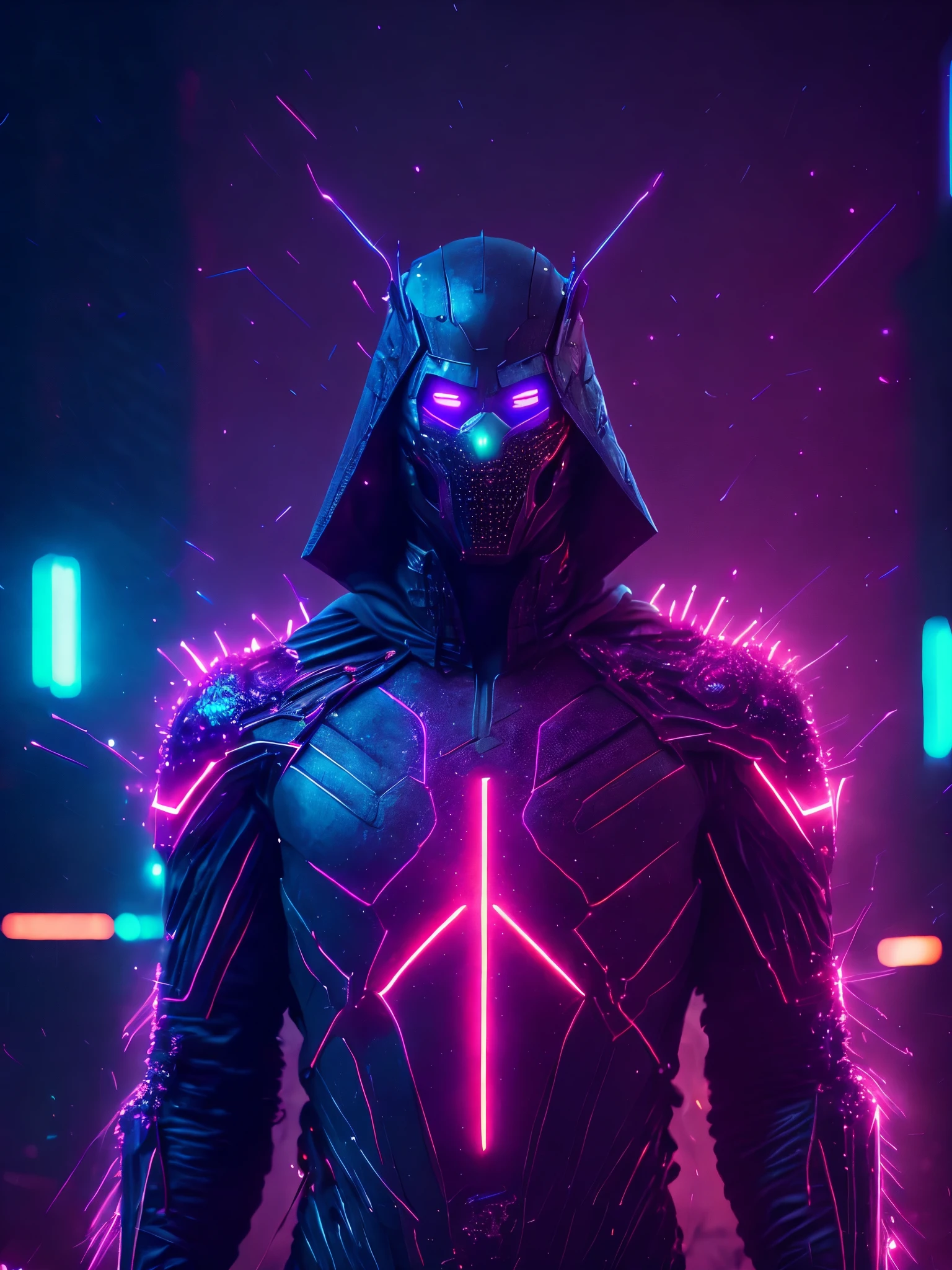 Full body Grim portrait of the Marvel made of an electric field skin with intricate angular cybernetic implants inside a brutalist building, gothic brutalist graveyard, cyberpunk, Foto premiada, Bokeh, Neon lights, cybernetic, fireworks in the background.