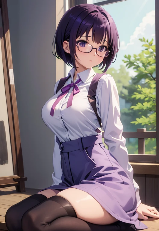 masterpiece, highest quality, High resolution, 1 Female Mirai Mikagura，purple hair，yasuda suzhito painting style，The big purple ribbon of the school uniform around the neck，lilac glasses，big breasts，white dress shirt，black tights，short bob，sharp eyes，black overalls pants，looking over eyewear