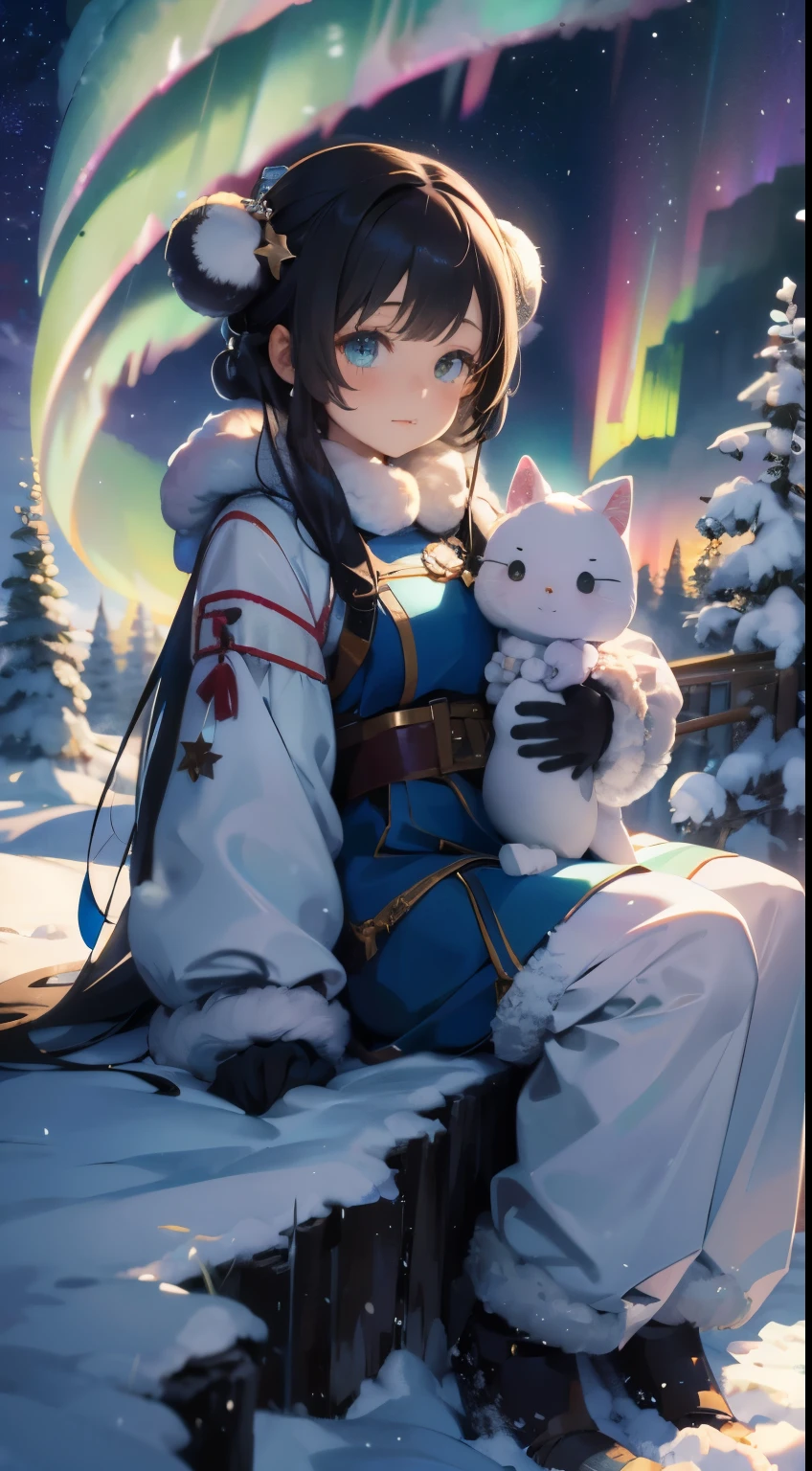 night sky, Star(sky sky), landscape,aurora, 1 girl in, solo, The fluffy fur worn by Eskimos、thermal pants、warm gloves、There is fur、look away:1.5、(((观看aurora:1.2)))、look away,outdoor, built, cloud,aurora, sit on it, that tree, Dragon Girl,Surrounded by dragons,hair length, contour, snow mountain,top quality,High quality details,8K