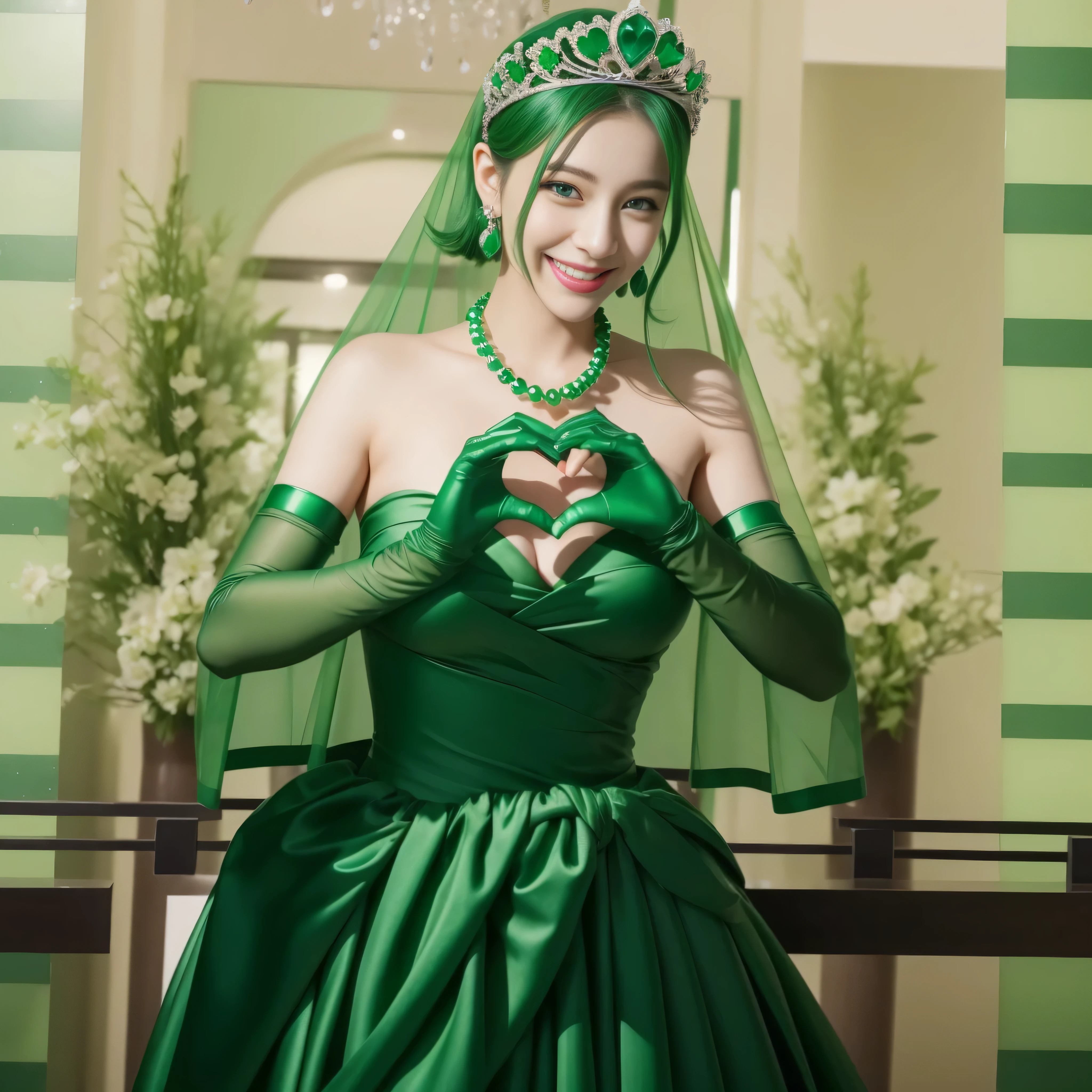 emerald tiara, green pearl necklace, ボーイッシュな非常に短いgreen hair, lipstick, smiling Japanese woman, very short hair, Beauty with large breasts, green eyes, Long Green Satin Gloves, green eyes, emerald earrings, green veil, heart with both hands, green hair, beautiful japanese woman, heart shaped hand:1.3, green lip gloss