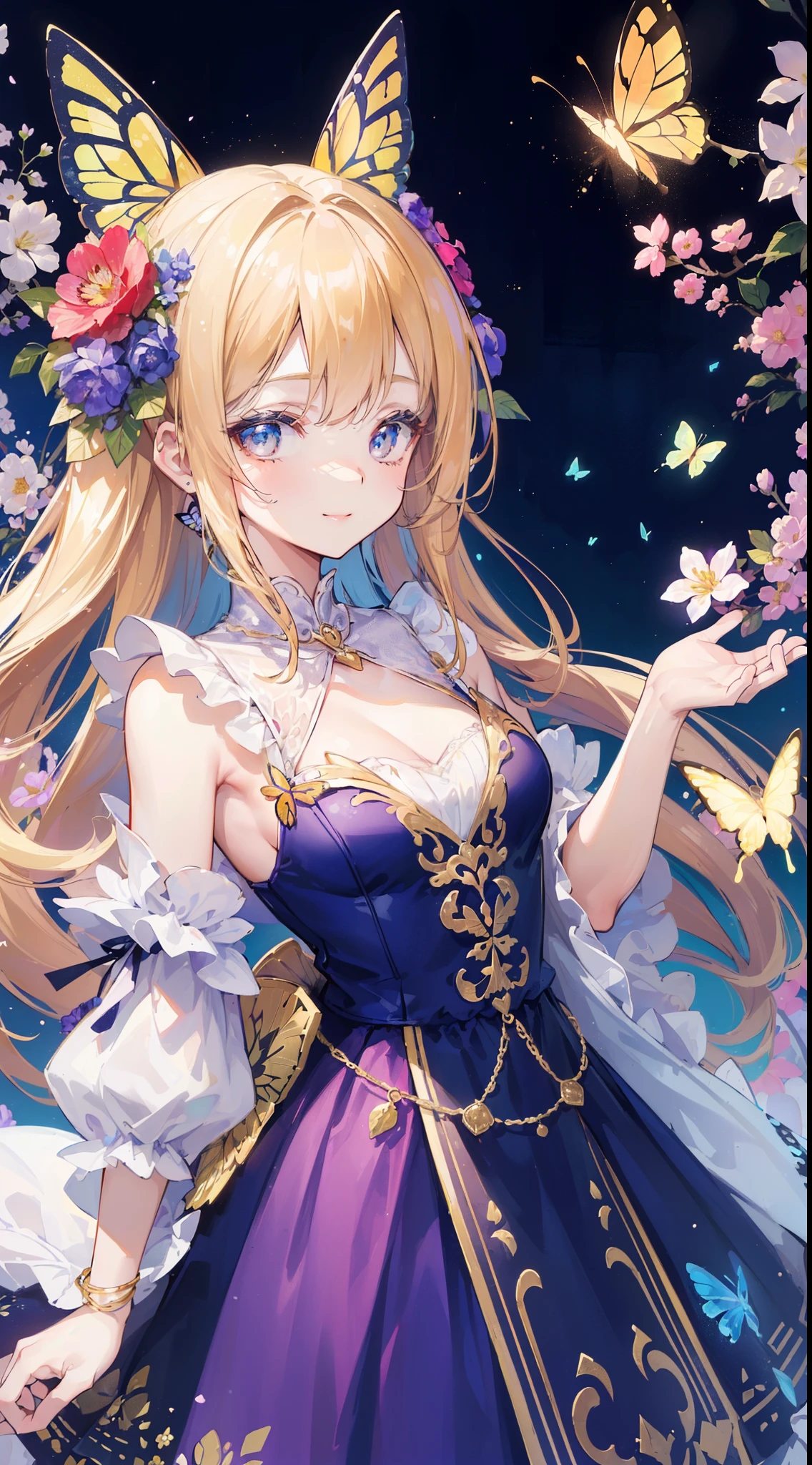 (((32k))), (16k), (8k), (4k), (((32k fantasy background))), (((Pretty girl))), (((cute girl))), (beautiful quality eyes), ((cute smile)), (((dress))), (((fantasy))), (32k), (beautiful cute girl), (butterfly ornament), (butterfly dress), ((many butterflies)), (((background of many flowers
))), (((bright background))), (beautiful world), (cute world), smile, 
