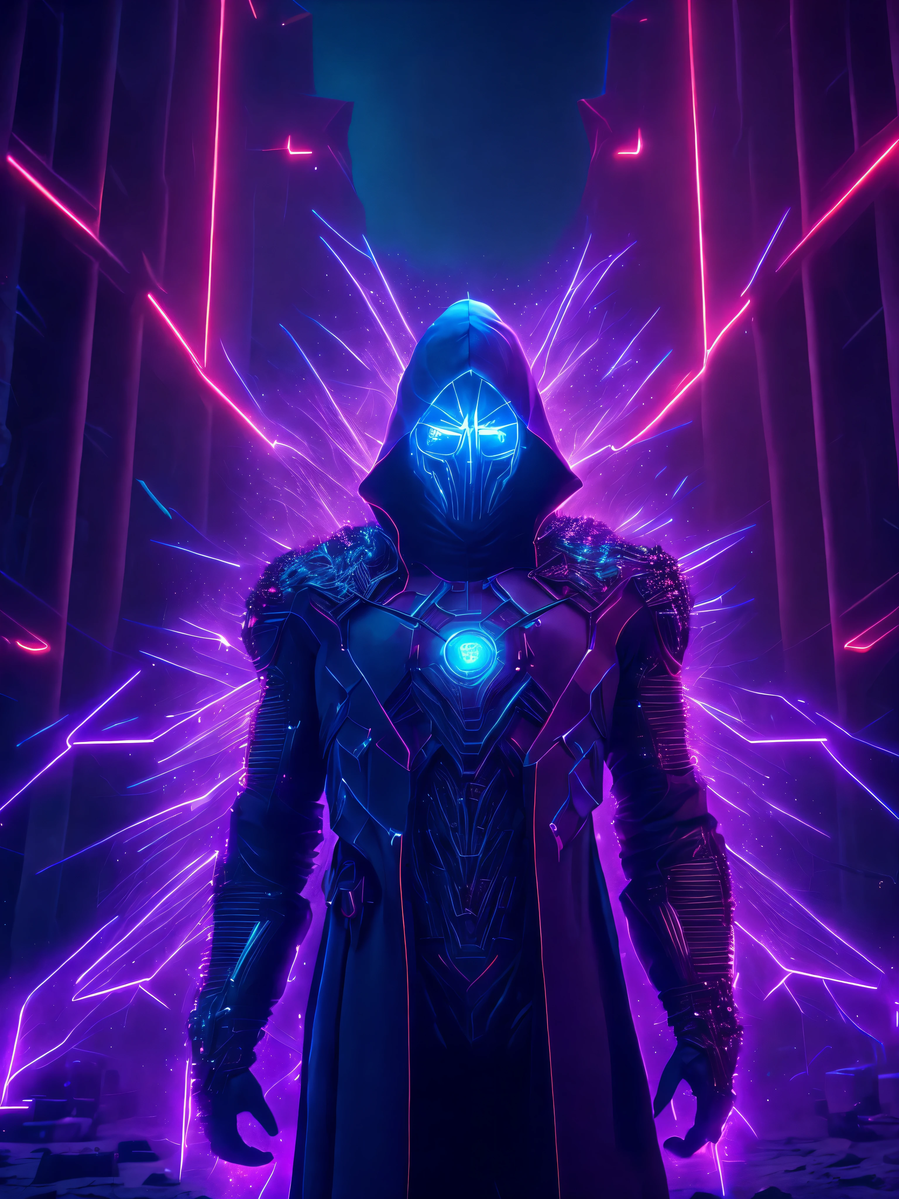 Full body Grim portrait of the Marvel made of an electric field skin with intricate angular cybernetic implants inside a brutalist building, gothic brutalist graveyard, cyberpunk, Foto premiada, Bokeh, Neon lights, cybernetic, fireworks in the background.