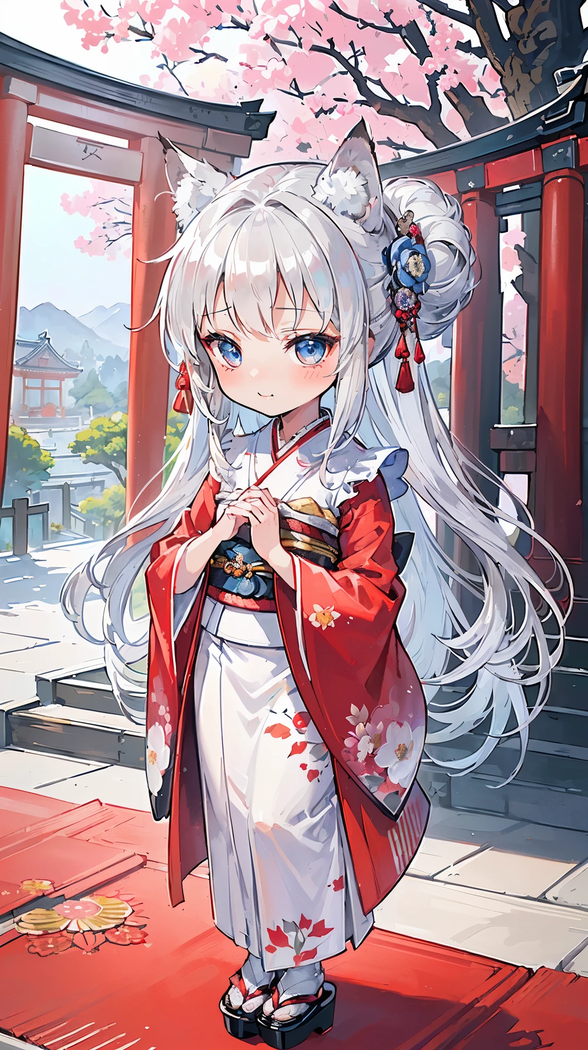 (((Masterpiece))), (((Highest quality))), ((Ultra-detailed)), ((Super fine illustration)), ((Ultra-fine painting)), (16K highest quality wallpaper:1.4), (Chibi:2.0), (Full body:1.6), HDR, (Highly detailed and delicate illustration style:1.8), Detailed skin texture, Detailed cloth texture, Extreme detailed description, (T-masterpiece), (Highly detailed face:1.2), (Highly detailed silver fox ears:1.2), (Highly detailed shiny silver half updo:1.2), (Highly detailed clear eyes:1.2), Original, RAW photo, Professional, Intricate details, Super details, Direct light:1.6, (Perfect anatomy:1.4), (Highly detailed hands:1.2), (Highly detailed fingers:1.2), (Highly detailed fingertips:1.2), (16-years-old), Real, (Solo:1.8), ((A very beautiful and cute silver fox girl who is an idol and wears a bright red long-sleeved kimono with a floral pattern:1.4)) BRAKE (Beautiful and adorable silver fox ears:1.8), (Highly detailed and delicate silver fox ears:1.4), (Beautiful and shiny silver half updo:1.6), (Highly detailed and delicate silver half updo:1.2), (Beautiful clear blue eyes that shine with great detail:1.6), (Highly detailed and delicate blue eyes:1.2), (Highly detailed face:1.4), (Smile:1.3), (Blush:1.4), (Looking at viewer:1.4), (Celebration:1.4) BRAKE (Bright red long-sleeved kimono with floral pattern:1.4), (Japanese traditional costume:1.2) BRAKE (Concept art:1.2), (Detailed fantasy art:1.2) BRAKE (Just after noon:1.4), (Very detailed and beautiful Ise Grand Shrine in Mie Prefecture just after noon in the background:1.6), (Standing in front of the torii gate:1.4), (Celebration:1.4), Ise Grand Shrine:1.4, Torii gate of Ise Shrine:1.4, Very beautiful in the sunny sky background just after noon:1.4 BRAKE