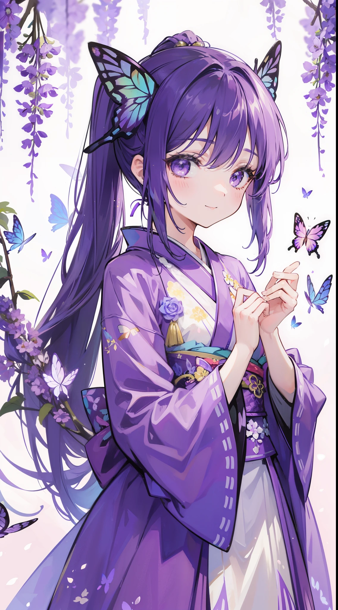 (32k), ((cute girl)), (hight quality), (high-level image quality), (smile), (hight quality wisteria flowers background), (32k background), (wisteria trellis), 
(purple short ponytail), (purple eyes), (18 years old), (illustration), (purple light particles), (purple kimono), (purple Japanese clothes), (((front))), (32k), (beautiful cute girl), (butterfly ornament), (butterfly dress), ((many butterflies)), (((background of many flowers
))), (((bright background))), (beautiful world), (cute world), smile, 