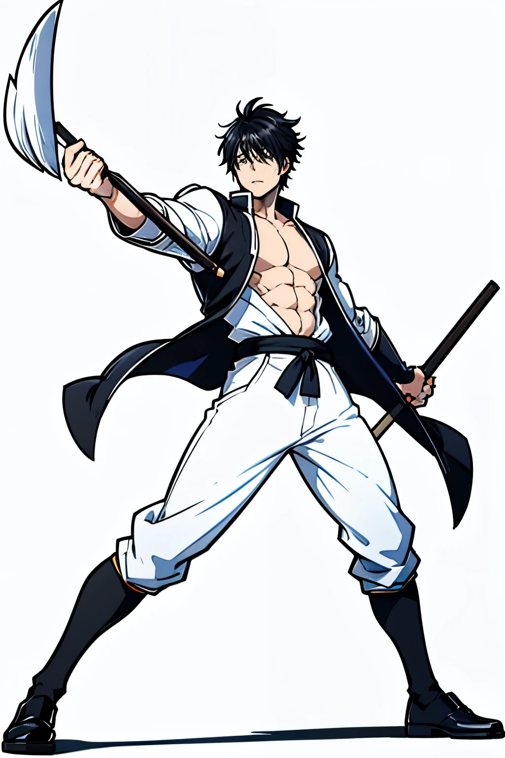 masterpiece, ultra detailed, 4K, 8K, 32K, intricate, (((1boy))), ((black hair)), ((no background)), white background, detailed eyes, white shirt and black pants, school uniform, handsome young man, 18 year old, (((same character))), dynamic pose, bokken, anatomically correct hands, holding bokken, average muscle mass, (modern clothing), detailed clothes, (slender body), Gintama, Hideaki Sorachi, Bleach, Tite Kubo, Kazuki Yone