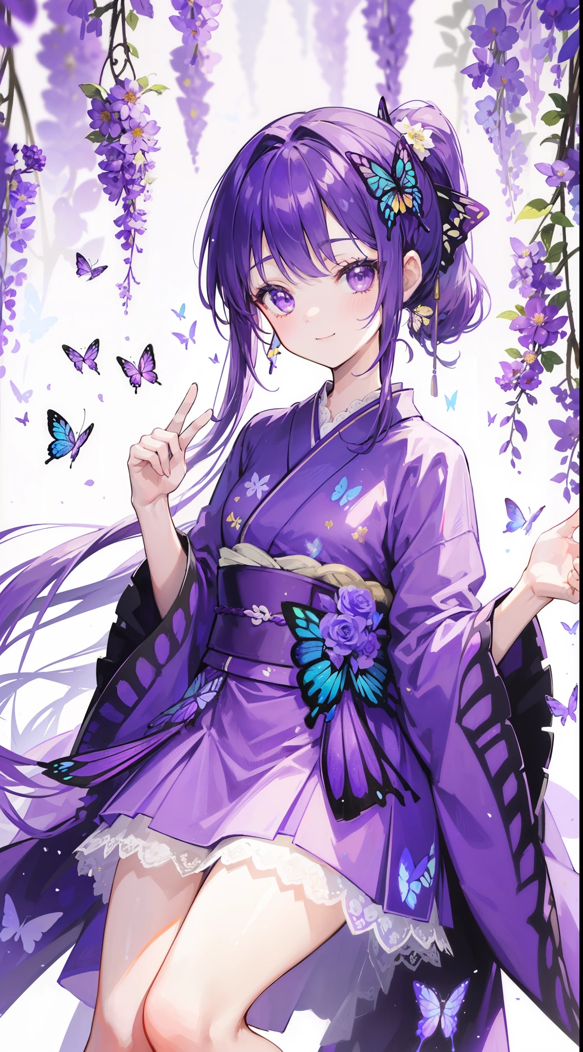 (32k), ((cute girl)), (hight quality), (high-level image quality), (smile), (hight quality wisteria flowers background), (32k background), (wisteria trellis), 
(purple short ponytail), (purple eyes), (18 years old), (illustration), (purple light particles), (purple kimono), (purple Japanese clothes), (((front))), (32k), (beautiful cute girl), (butterfly ornament), (butterfly dress), ((many butterflies)), (((background of many flowers
))), (((bright background))), (beautiful world), (cute world), smile, 