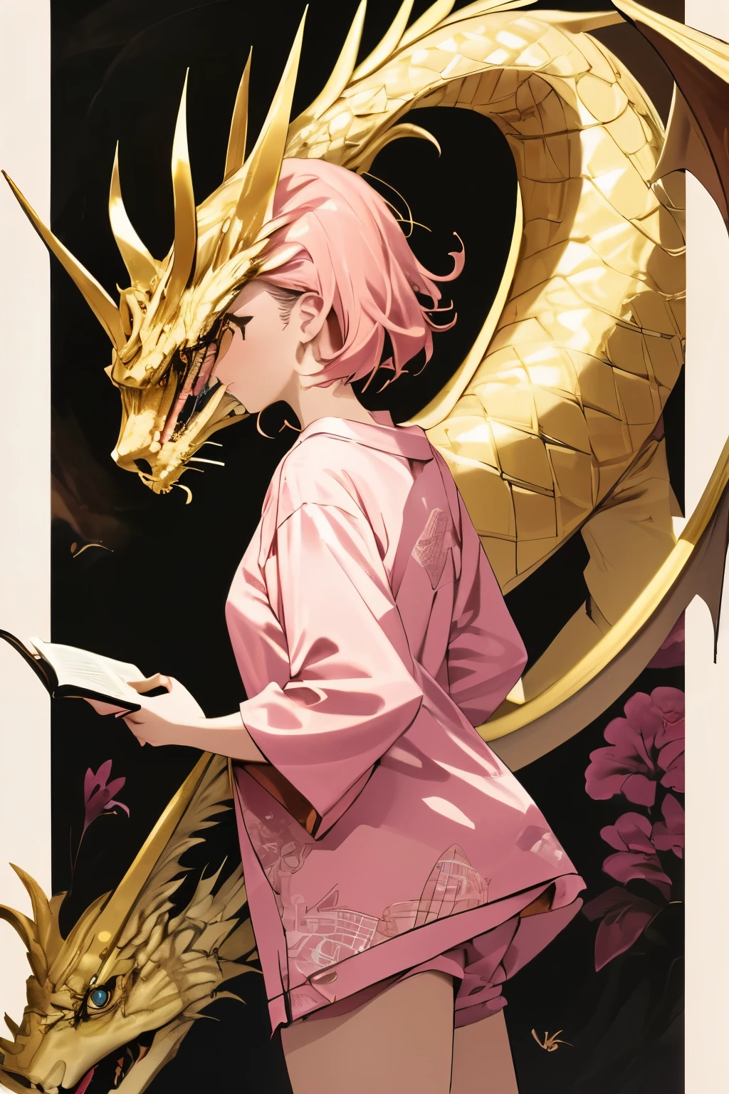 Complex geometric pattern background、Dark、cute trumpet、a short bob、look away、White loose pink pajamas、printing，loose clothes、vintage、top quality、Super detailed、Surrounding the golden dragon，Good luck in the Year of the Dragon，Get rich with high-quality details