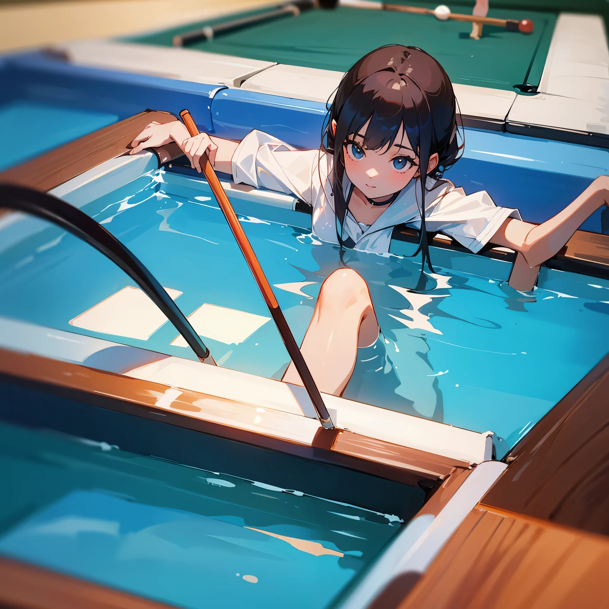 ”Pool Girl”
Prompt :
Photo of beautiful girl sitting at pool table holding pool stick
