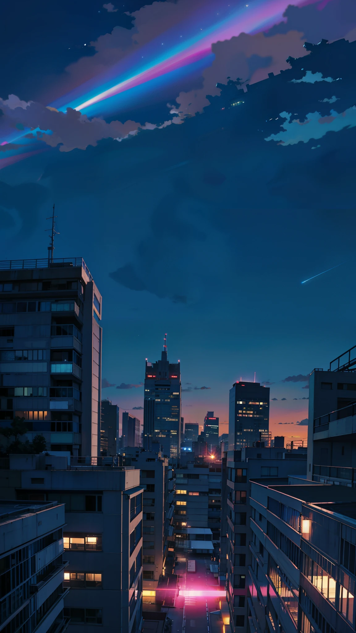 90s anime style, From the roof of a high building , in the dark, blue light, without light, night city.