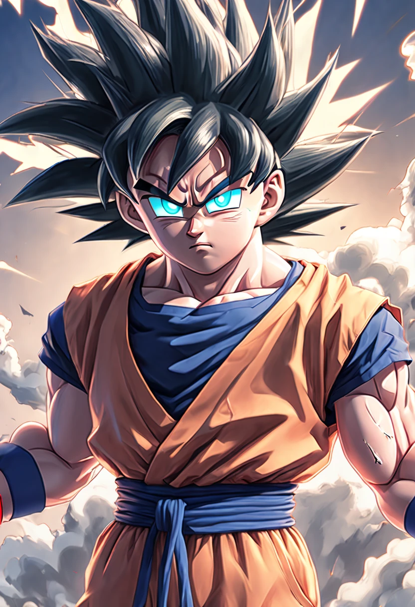 (Ultra realist:1.5), (Son Goku Sayan:1.5), (Sayan Namek:1.3), ultra detailed background, beautiful photography, (soft fur:1.3), expressive eyes, sunset glow, Lightning bolts,Posture, (ultra detailed eyes:1.5), (Clothes 100% Broken:1.5)