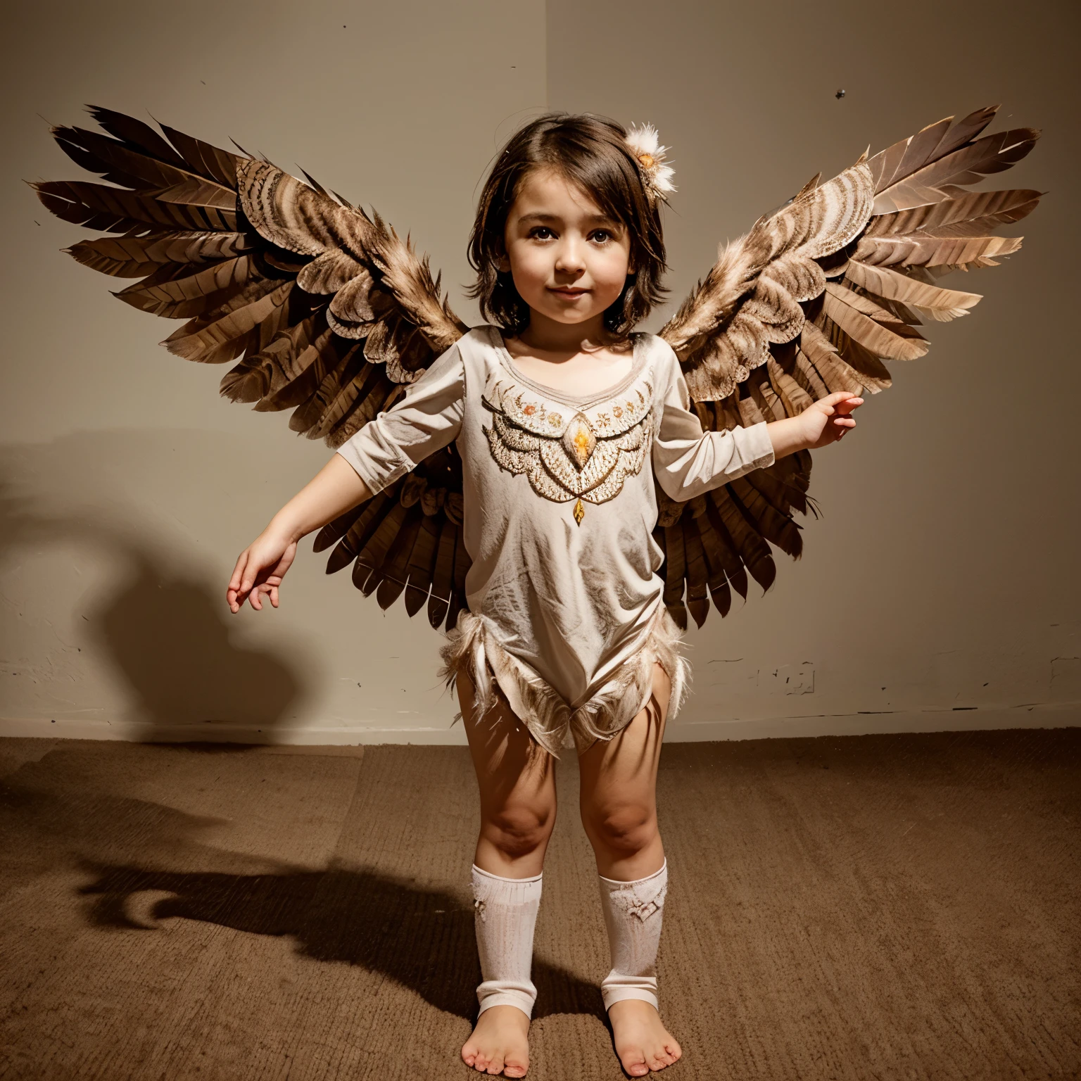 Create a hybrid child with an owl half child，Has owl features and feathers，For DND RPG with owl wings and owl eyes