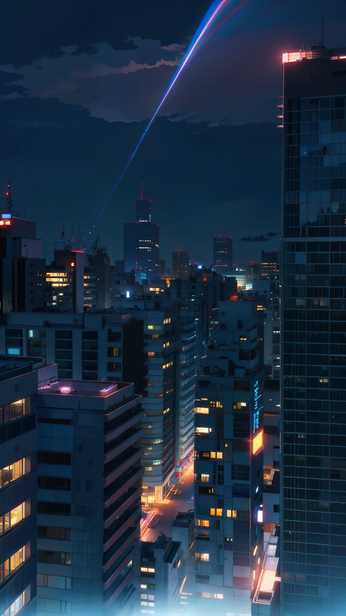 90s anime style, From the roof of a high building , in the dark, blue light, without light, night city.