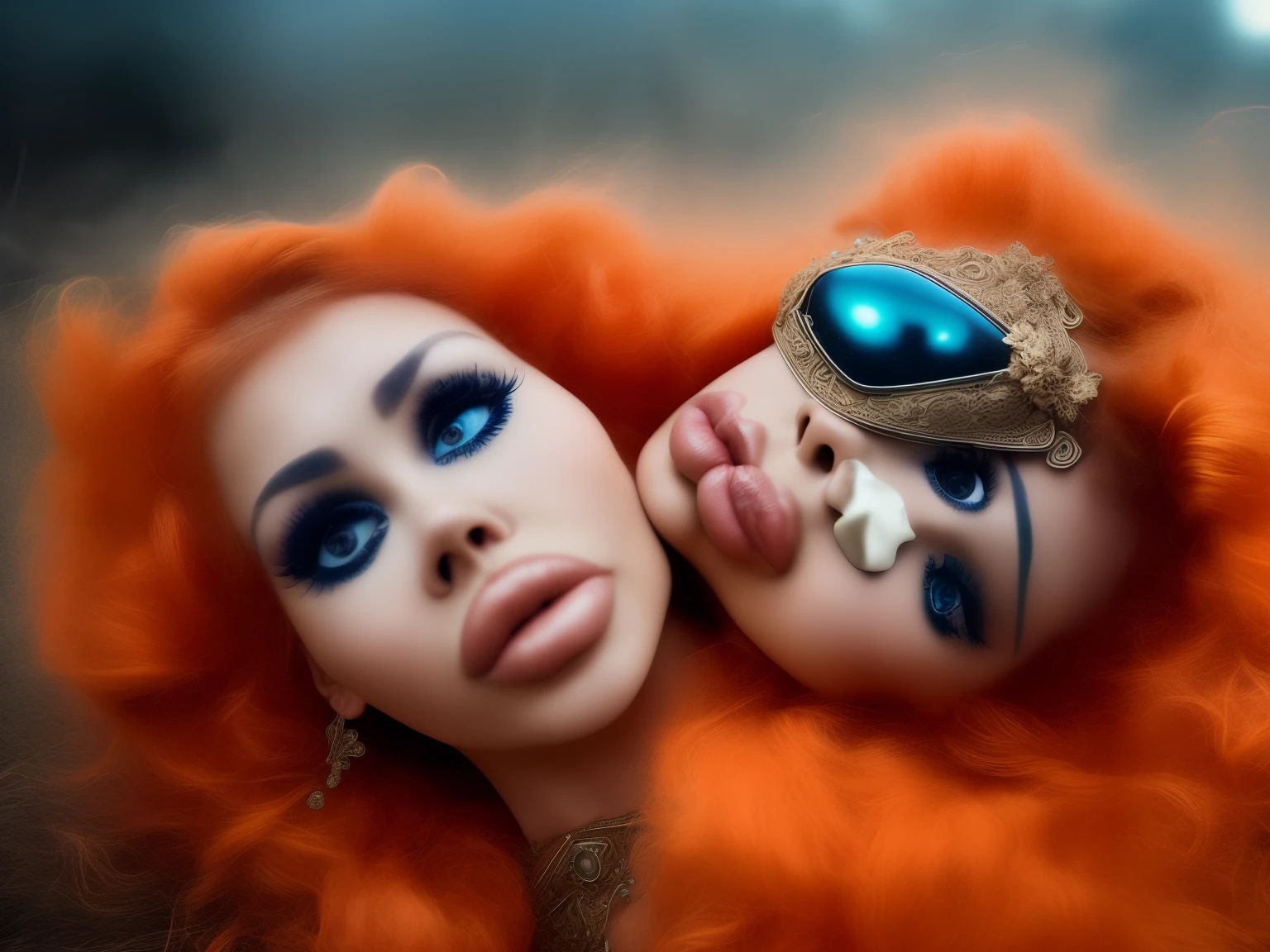 a beautiful b1mb0 girl in an insanely detailed dress in (mdj style), beautiful detailed orange hair, anamorphic lenses distorting the background, summer of 1987, moody dystopian and thought-provoking, cinematic, expression suggesting a sense of unease, "Life is not what it used to be", best quality, fine details, intricate, extremely detailed, sharp focus, 4 K