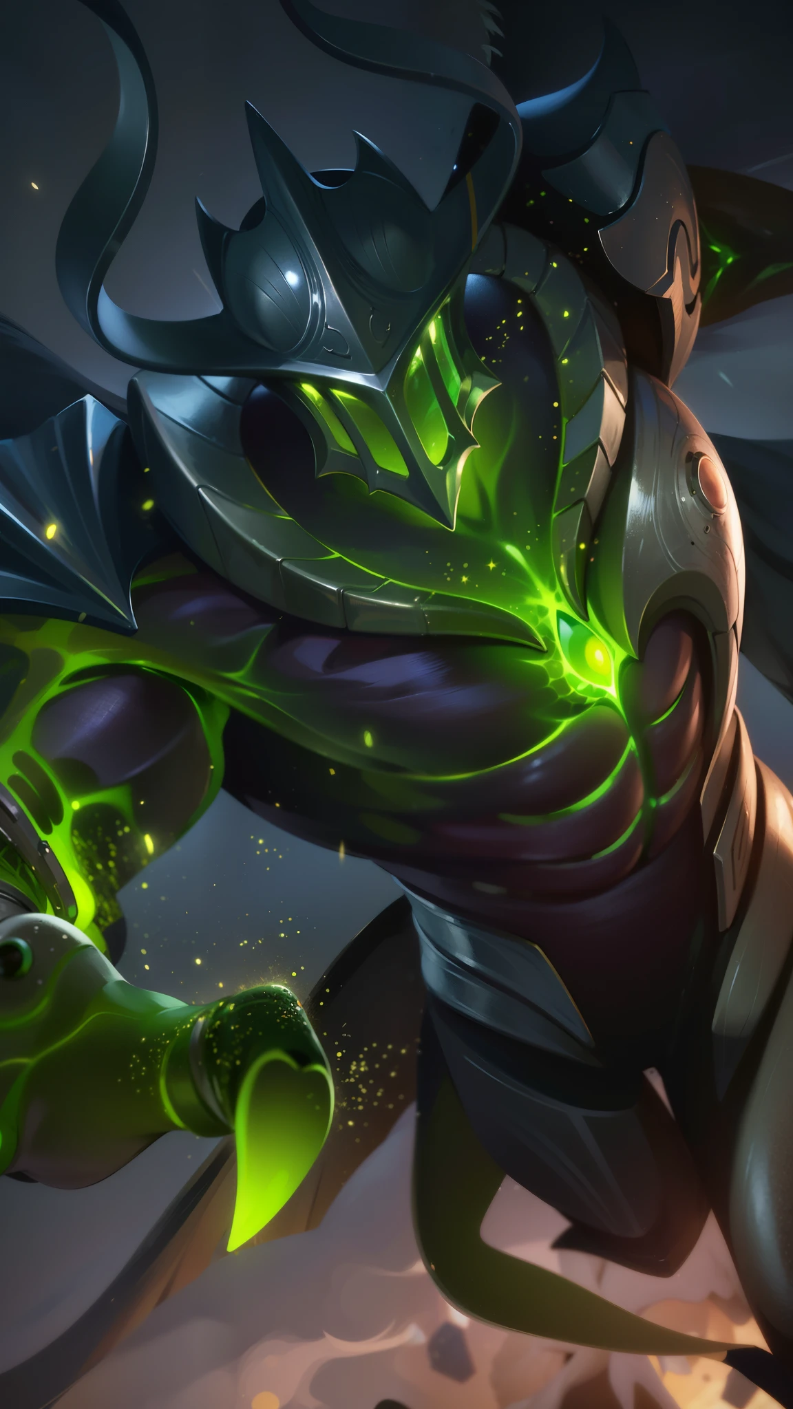 a close up of a man with a helmet on holding a sword, 8K quality, High resolution, super detail, realistic, Raw photo, ((masterpiece,best quality)), absurdres, Argus_ML, helmet, green glow, solo, smiling, looking at viewer, cowboy shot, night sky in background, cinematic composition, dynamic pose.