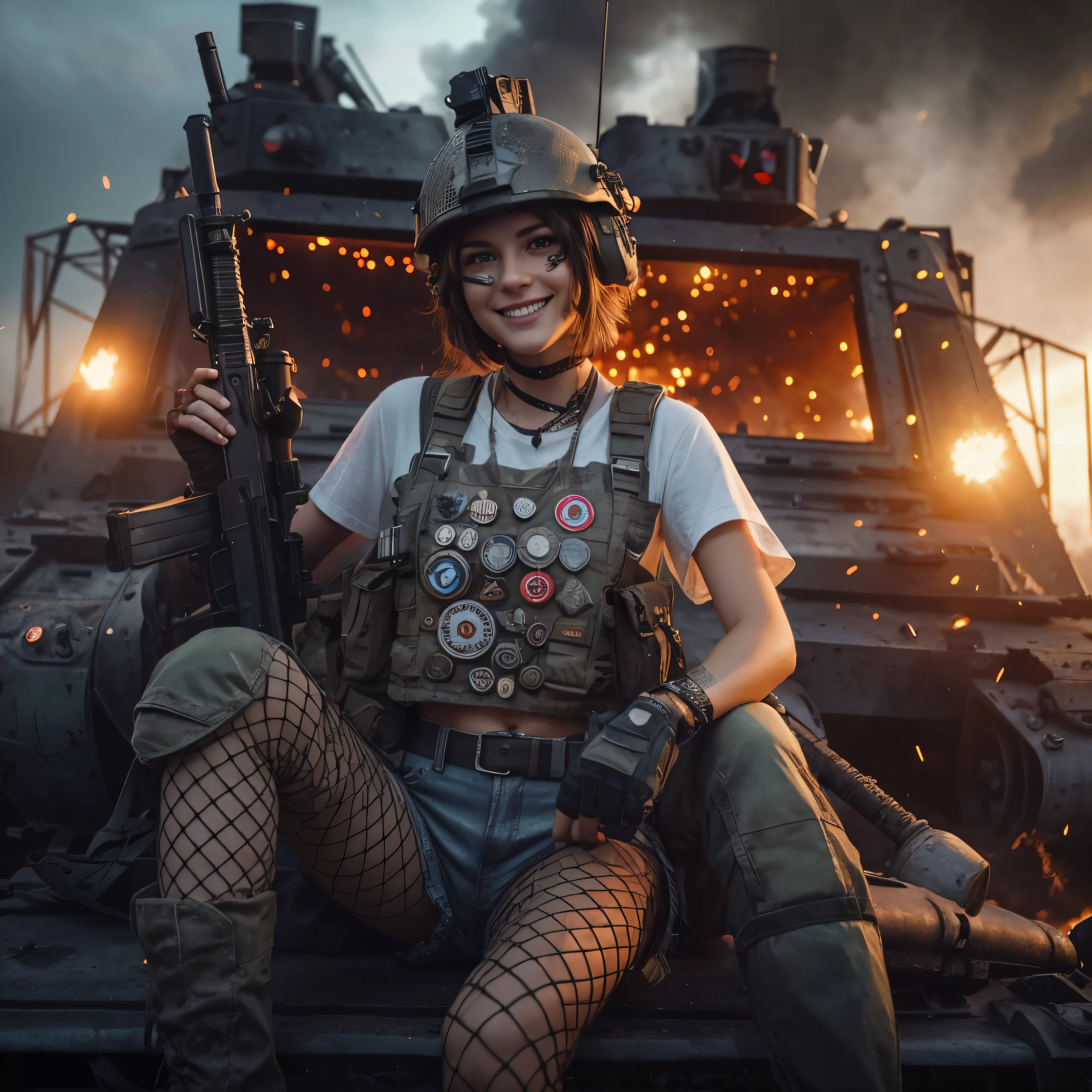 hyper realistic scenery moment detail sharp shade photography, gloomy mood dark sky, wide shoot full body of fictional character: a caucasian girl facial with no hair wearing soldier helmet full of badges, cool smile grin expression, wear white t-shirt with target pictures, wear jeans shortpants & net stockings, wear military boot, and hold a bazooka, posing outside of cabin of a modified tank, dystopia fire sparks background cinematic, lora:add_detail:0.8