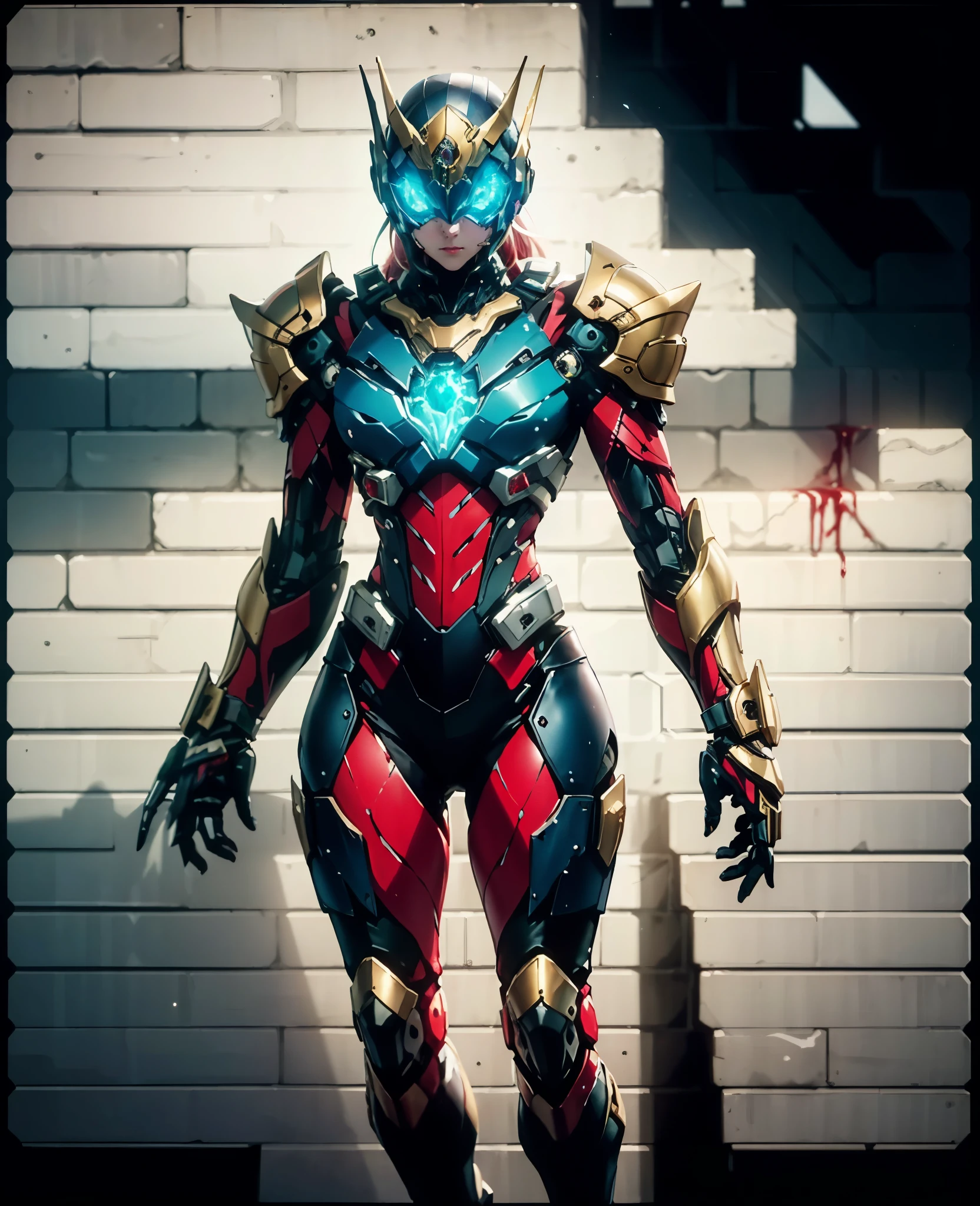 A woman adorned in fantasy-style full-body armor, a crown-concept fully enclosed helmet that unveils only her eyes, a composite layered chest plate, fully encompassing shoulder and hand guards, a lightweight waist armor, form-fitting shin guards, the overall design is heavy-duty yet flexible, the armor gleams with a golden glow, complemented by red and blue accents, exhibiting a noble aura, she floats above a fantasy-surreal high-tech city, this character embodies a finely crafted fantasy-surreal style armored hero in anime style, exquisite and mature manga art style, Queen Bee Concept Armor, (plasma, blood), ((bio mecha, long legs, elegant, goddess, femminine:1.5)), metallic, high definition, best quality, highres, ultra-detailed, ultra-fine painting, extremely delicate, professional, anatomically correct, symmetrical face, extremely detailed eyes and face, high quality eyes, creativity, RAW photo, UHD, 32k, Natural light, cinematic lighting, masterpiece-anatomy-perfect, masterpiece:1.5