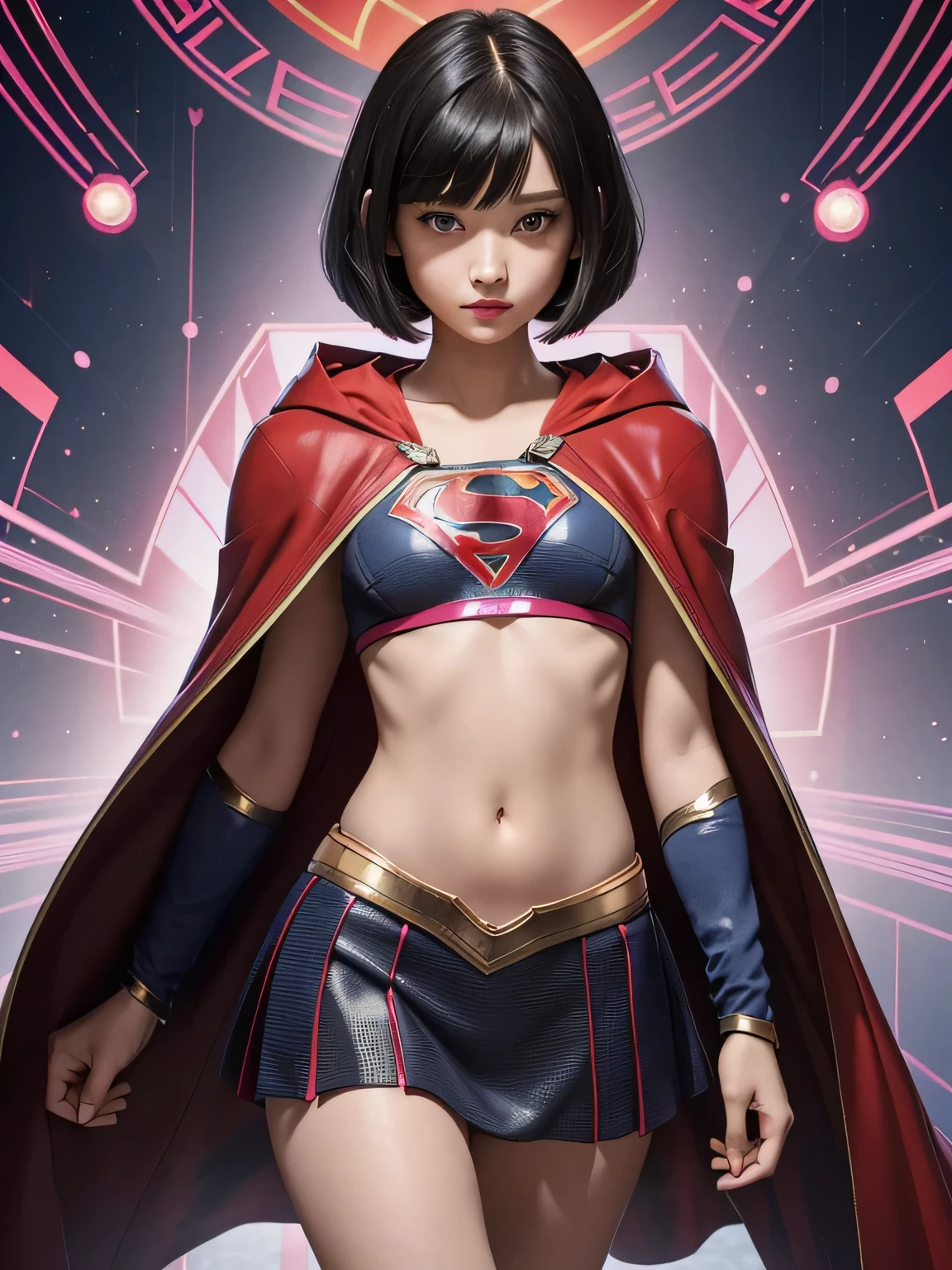 super girl elementary school student, masterpiece, highest quality, abstract, psychedelic, neon, (honeycomb pattern), (creative:1.3), fantasy 00d、 black hair、bob cut with trimmed ends、flat chest、Thin crotch、lolicon、&#39;face、standing on the walkway、belly button、High-leg style、red cloak、Swelling of the nipples