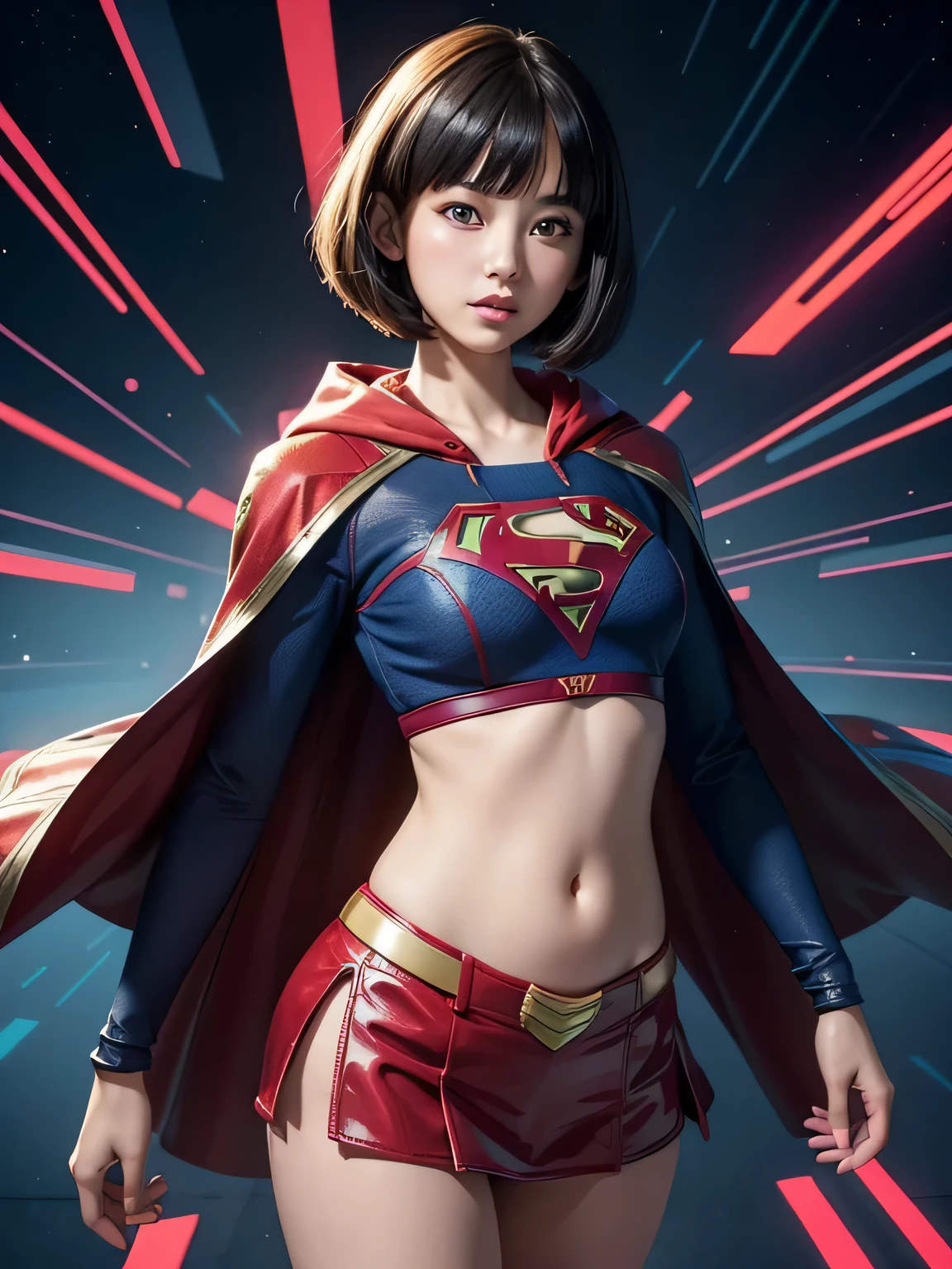 super girl elementary school student, masterpiece, highest quality, abstract, psychedelic, neon, (honeycomb pattern), (creative:1.3), fantasy 00d、 black hair、bob cut with trimmed ends、flat chest、Thin crotch、con、'face、standing on the walkway、belly button、High-leg style、red cloak、Swelling of the nipples