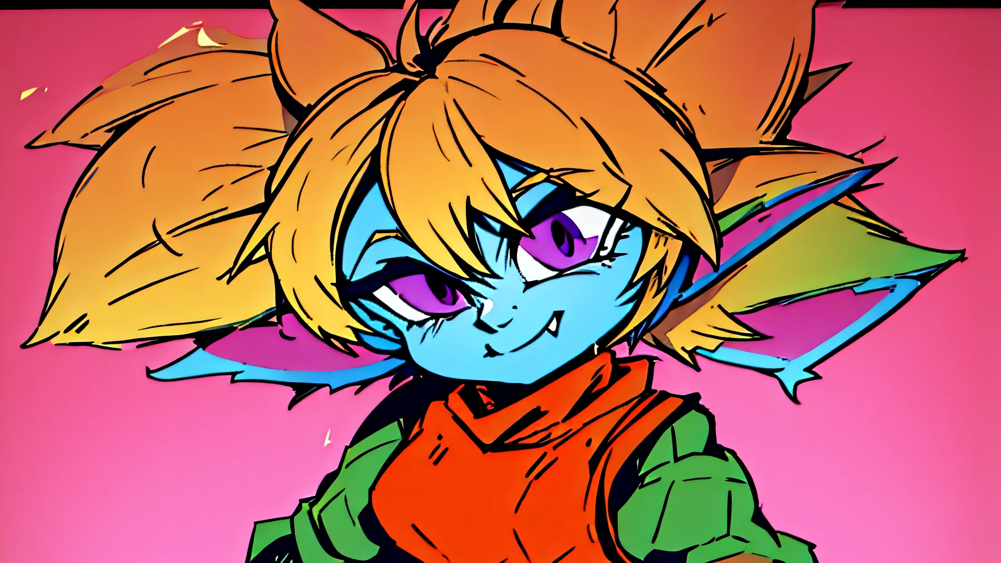 Poppy voando e vestida como Goku, o personagem de Dragon Ball, com um sorriso no rosto