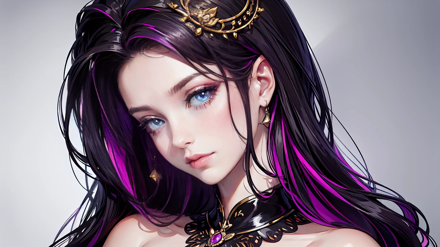 Portrait bust only, beautiful woman, queen of night and dreams, extra long hair, attractive and seductive regards, very colorfull, portrait bust