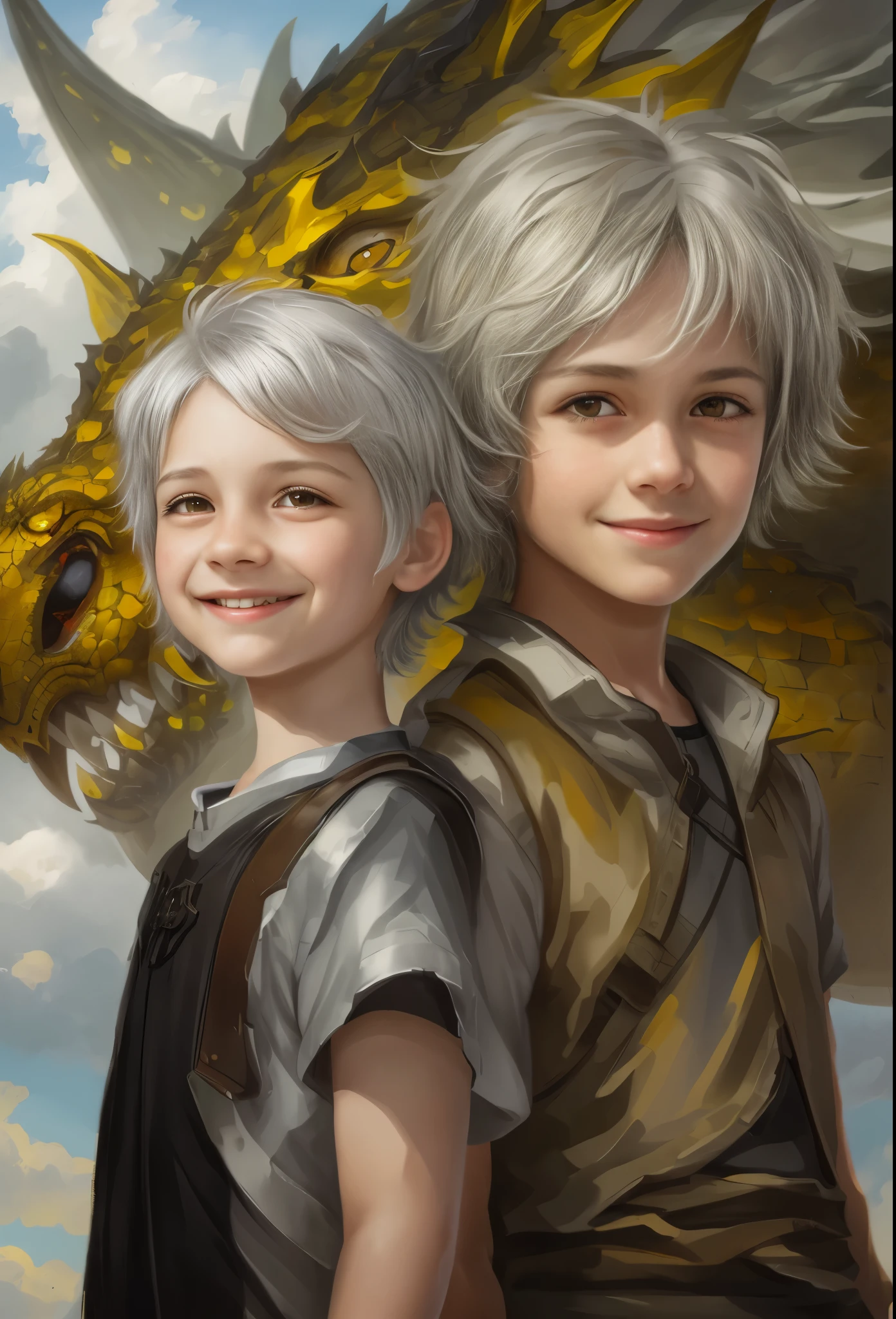 High resolution, portrait, boy with gray hair, short hair and girl with dark hair, 8 , yellow eyes, smile, portrait, huge dragon face and sky in the background, realism, fantasy