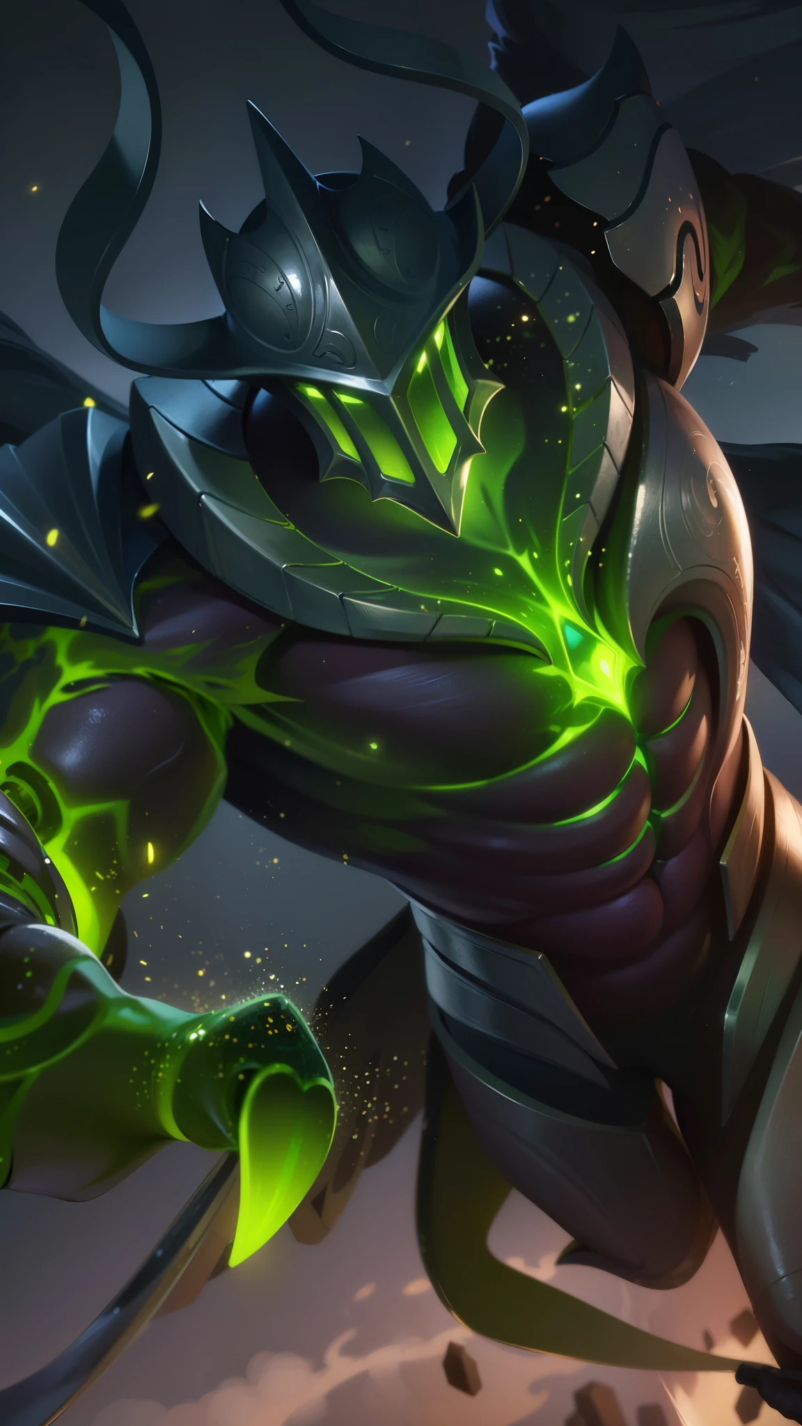 a close up of a man with a helmet on holding a sword, 8K quality, High resolution, super detail, realistic, Raw photo, ((masterpiece,best quality)), absurdres, Argus_ML, helmet, green glow, solo, smiling, looking at viewer, cowboy shot, night sky in background, cinematic composition, dynamic pose.
