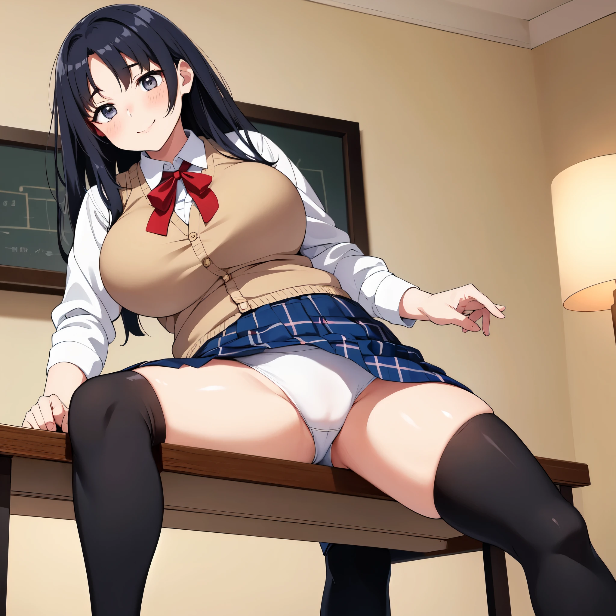 (masterpiece, best quality),
1girl, sitting on table, pull one leg, looking at viewer, from below,lower body, twisted torso, feet, soles

BREAK girl, , (:1.5), black hair, medium long hair, (straight hair:1.2), grey eyes, ultra detailed eyes, (huge breasts:1.1), hanging breasts, (tareme:1.3),
sleepy, heavy breathing, blush, smile, BREAK school uniform, (shirt tucked in, white collared shirt:1.2), long sleeves, red neck ribbon, (unbuttoned beige cardigan:1.1),
BREAK (blue checked skirt:1.1), black thighhighs, zettai ryouiki, loafers,
BREK classroom,
