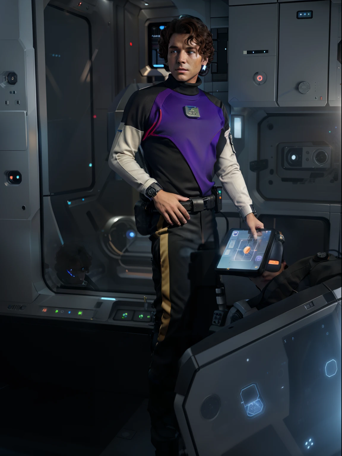 a man in a sci-fi officer uniform wiht a tablet, on a space ship, on a space station, on a space base, curly brown hair, turtleneck sweater, officer, ship captain, scifi render, 3d render