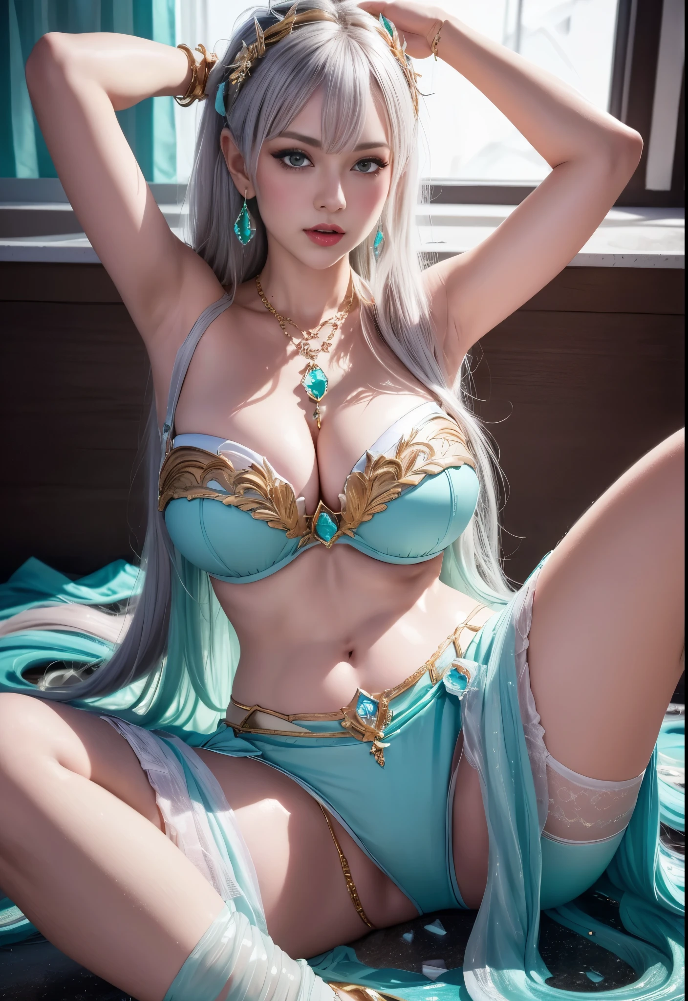 Show your armpits,A woman lying down, (spread legs bent and raised: 1.3), Saint Seiya Gold Armor Athena in the cyberpunk world, enhanced mecha and Money texture, angular, rich lines, increased by 1.5 times! With your hands behind your head (spread legs), sleep on your back, the metallic texture on the silver background, spit out! on stomach, reclining, (Pawanmuktasana: 1.3) (open air) (hip) Panties for the audience to show (off shoulder) (with countless super big gems) (super large gem meanwhiles: 2), crazy detaileds (With water flowing through the body: 1.3) whole body, (stockings: 1.4), aristocratic detaileds, full grass, full length, full frame, epic pose, (gorgeous jewelry) yellow hair (necklace earrings) meanwhile, (sett + large gemstones), big diamond, Money, gem), waterfall, next to the bath, unrealistic engine style, detailed, surreal, boca effect, Photographed in the style of David LaChapelle, Bioluminescent color palette: lilac, pale pink, bright white, wide angle, super fine, cinematic still life, vibrant, wlop and sakimichan, art germ style, underboob, perfect eyes, Highest resolution 16K, Inspired Harry Winston, shot on the Canon EOS R 6, masterpiece