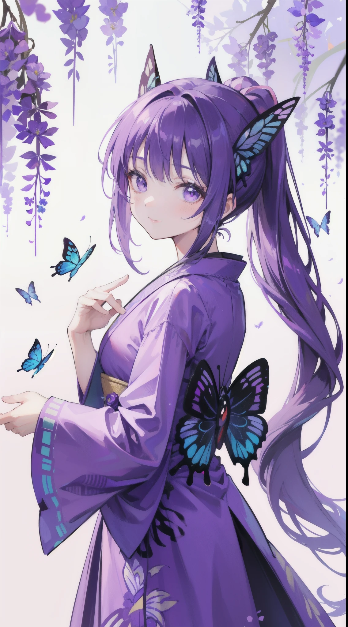 (32k), ((cute girl)), (hight quality), (high-level image quality), (smile), (hight quality wisteria flowers background), (32k background), (wisteria trellis), 
(purple short ponytail), (purple eyes), (18 years old), (illustration), (purple light particles), (purple kimono), (purple Japanese clothes), (((front))), (32k), (beautiful cute girl), (butterfly ornament), (butterfly dress), ((many butterflies)), (((background of many flowers
))), (((bright background))), (beautiful world), (cute world), smile, 